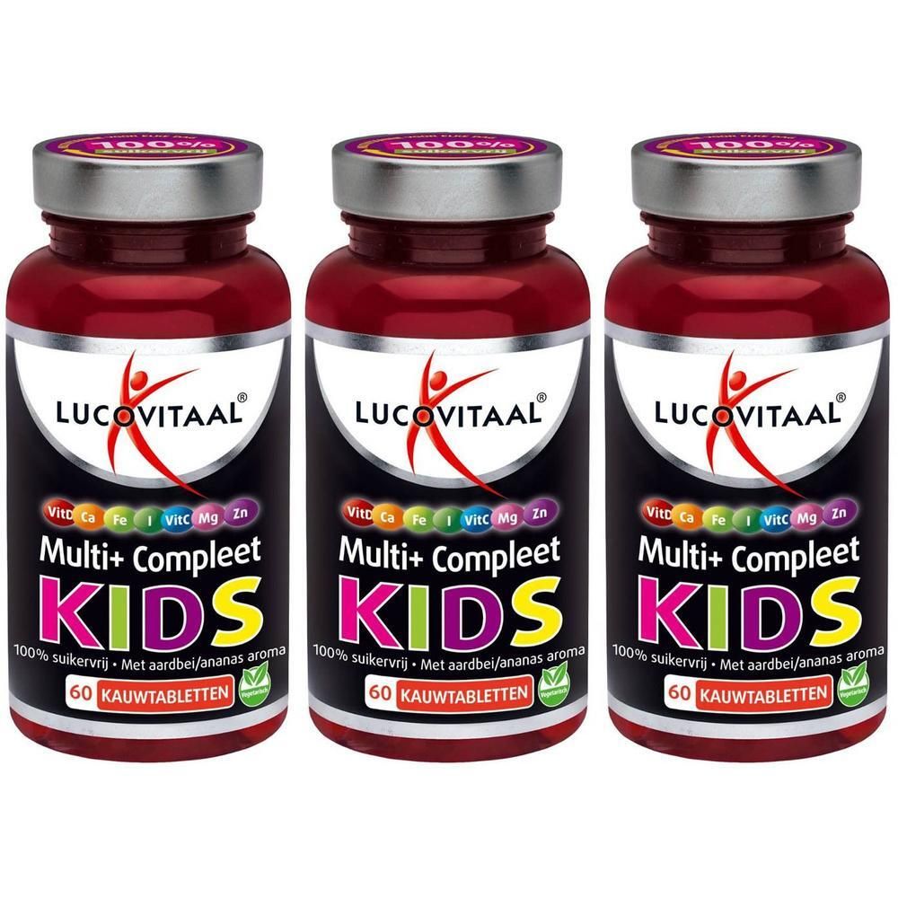 Drie flessen Lucovitaal Multi+ Complet Kids. Rode flessen met zilveren doppen en etiketten met productnaam en logo.