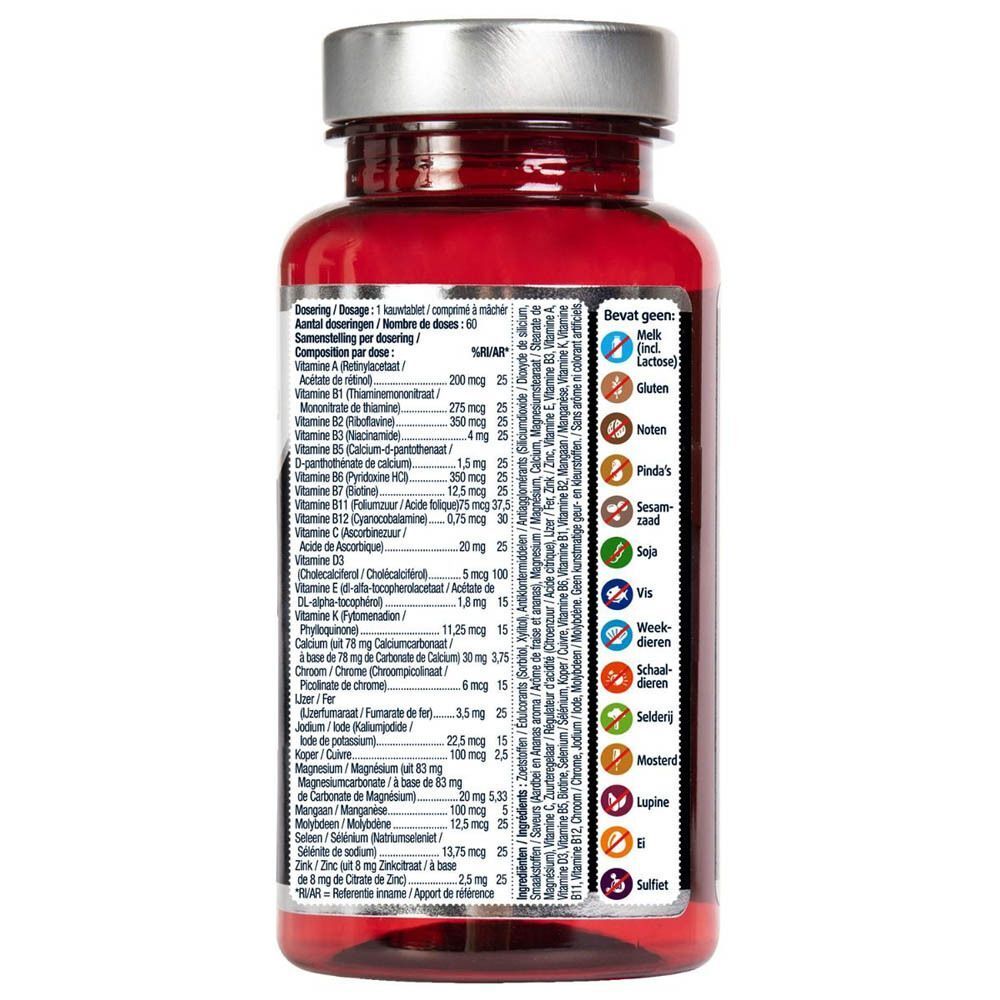 Achterkant van een fles Lucovitaal Multi+ Complet Kids. Bevat informatie over ingrediënten en voedingswaarden.