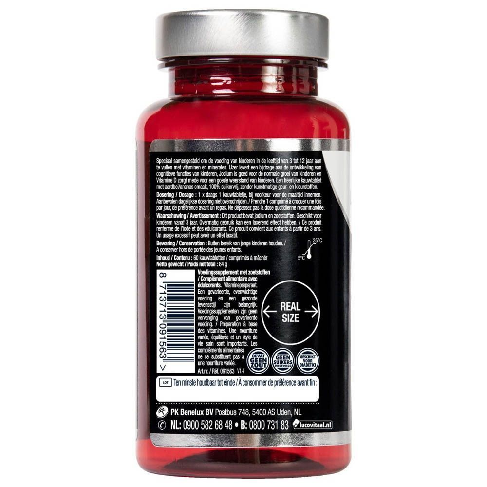 Achterkant van een fles Lucovitaal Multi+ Complet Kids. Bevat gebruiksinformatie en waarschuwingen.