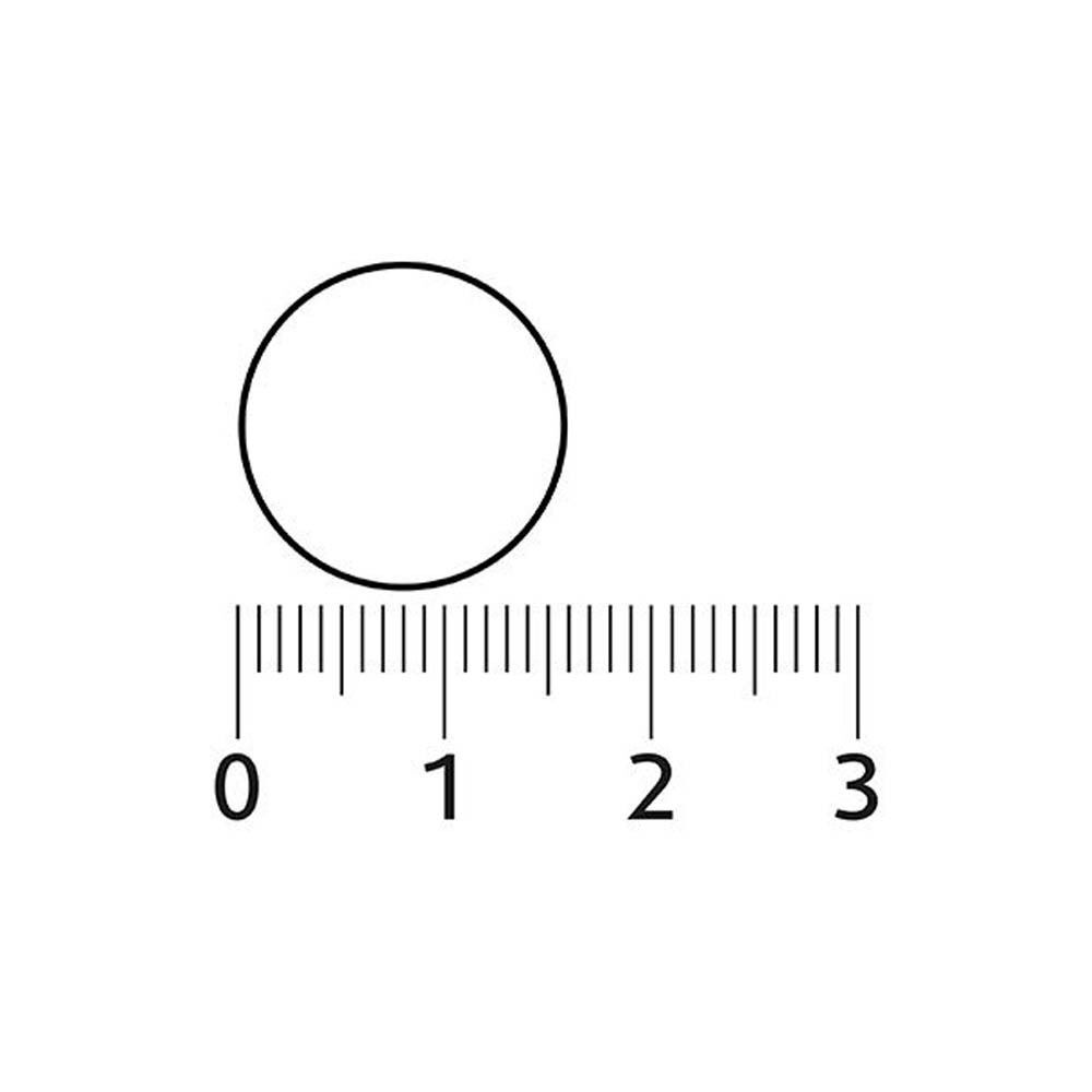 Comprimé circulaire à côté d'une règle. Indique la taille approximative du comprimé.