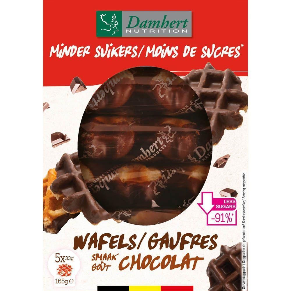 Paquet de gaufres. Inscriptions: Damhert Nutrition, Minder Suikers/Moins de Sucres, Wafels/Gaufres Chocolat. Moins de sucres -91%.