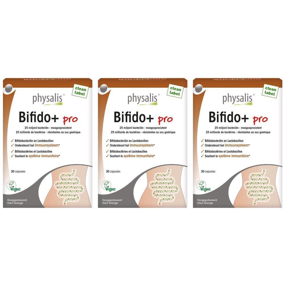Trois boîtes de "physalis Bifido+ pro". Chaque boîte affiche des informations et une illustration du système digestif.