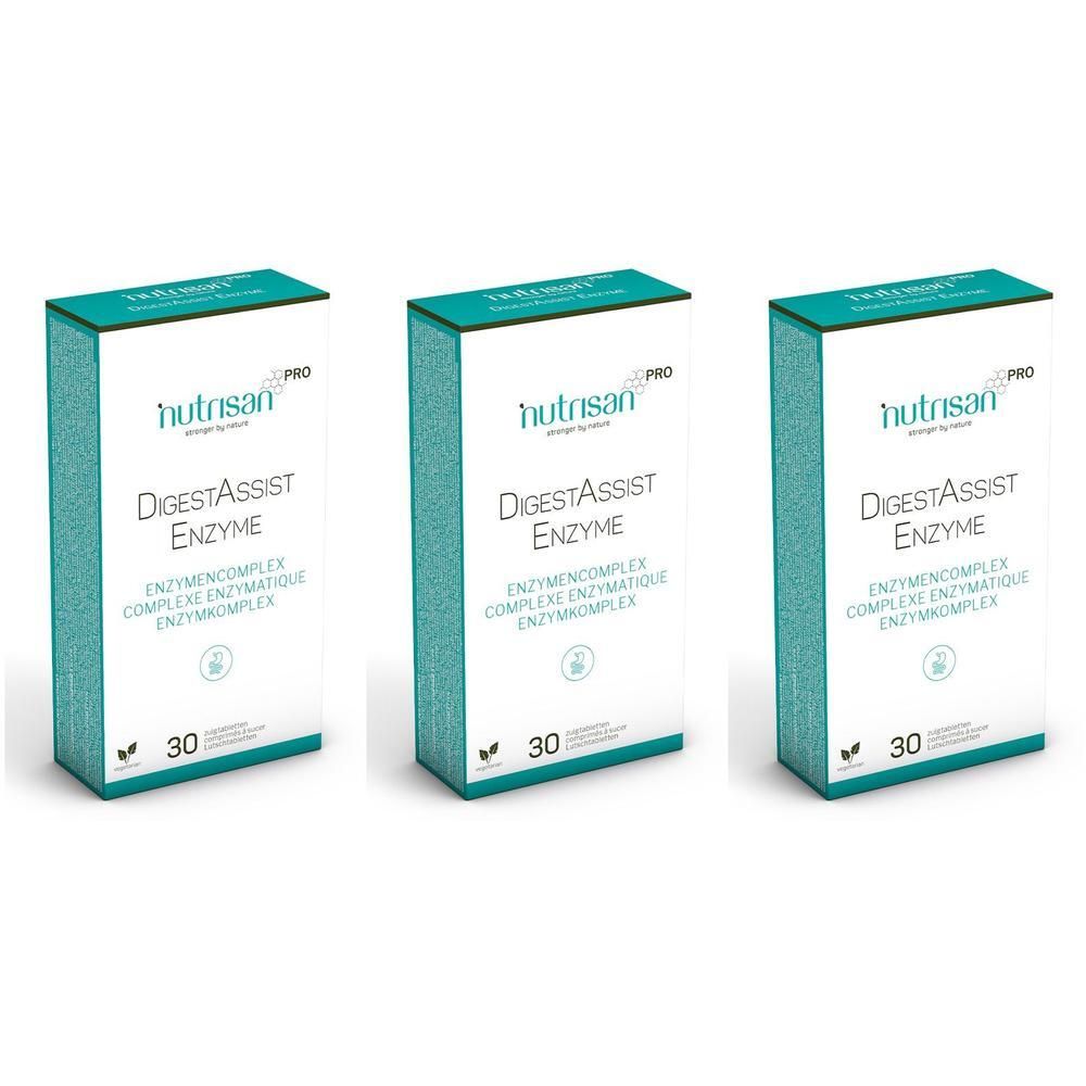 Trois boîtes de "Nutrisan DigestAssist Enzyme". Chaque boîte contient 30 comprimés. Emballage turquoise et blanc.