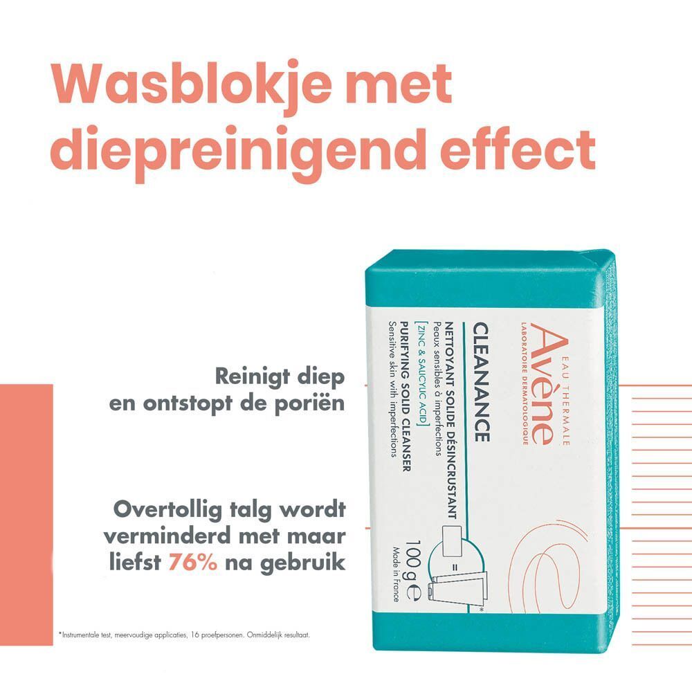 Groen zeepblok met tekst: Avène Cleanance, reinigende vaste zeep. Tekst: Reinigt en ontstopt de poriën.
