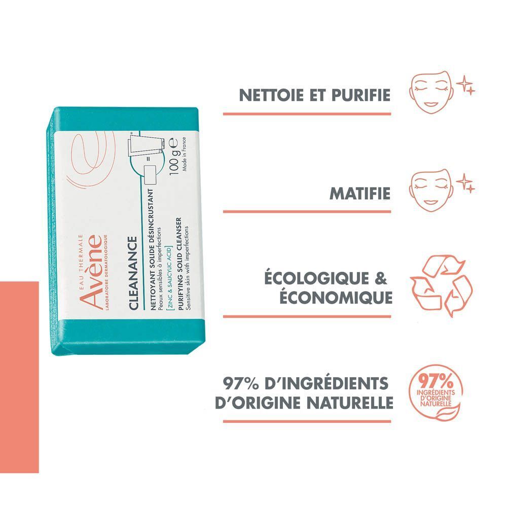 Gamme de produits: savon, spray d'eau thermale, concentré anti-imperfections, crème solaire SPF50+.