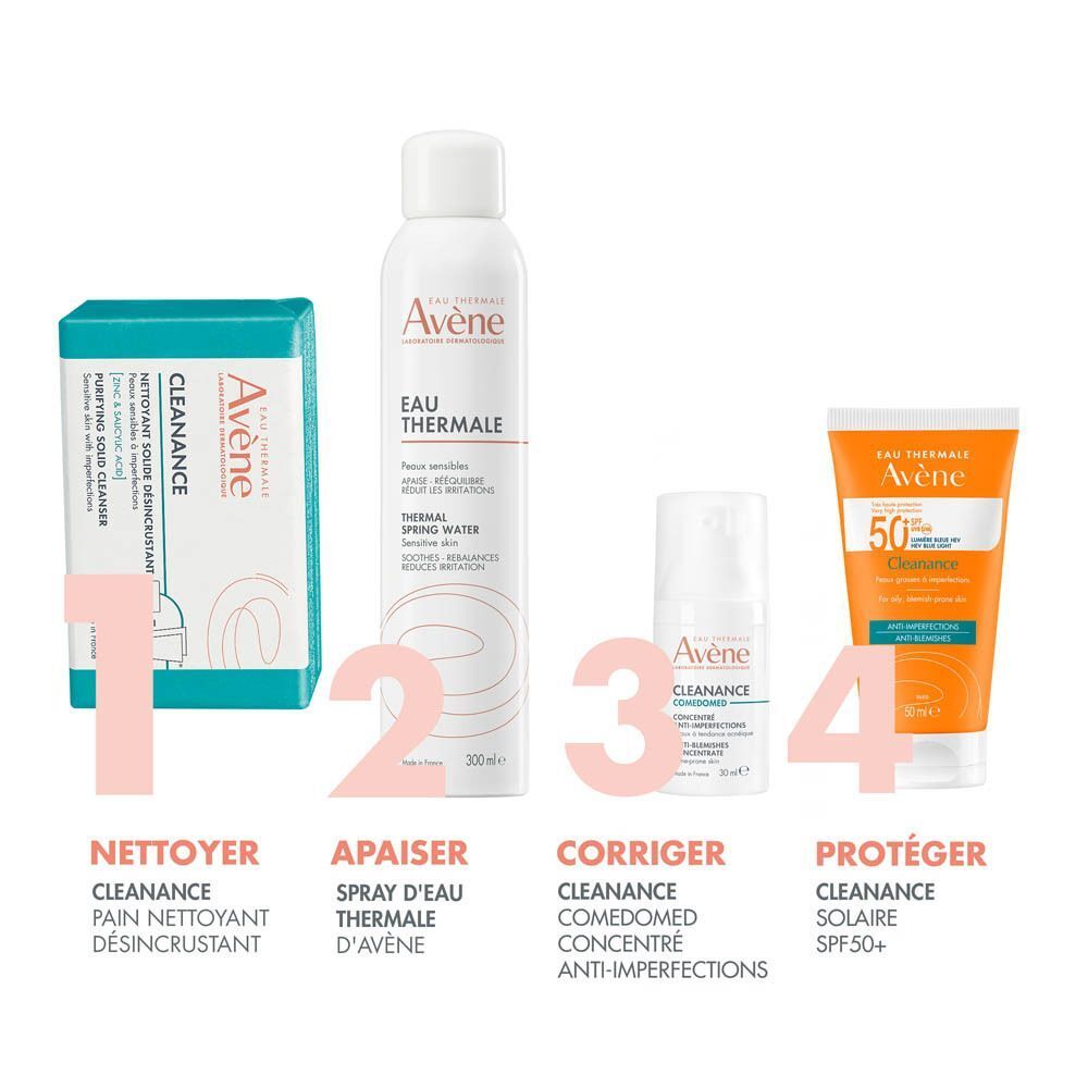 Gamme de produits: savon, spray d'eau thermale, concentré anti-imperfections, crème solaire SPF50+.