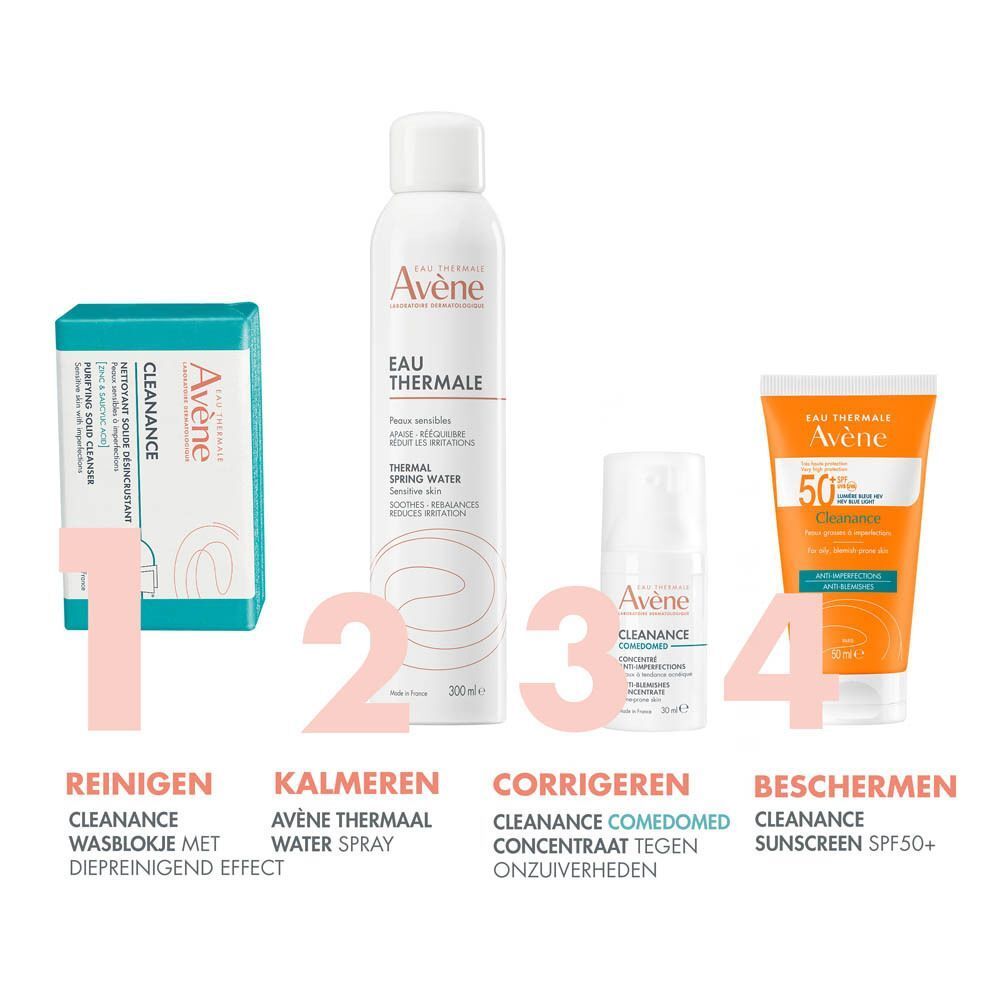 Productreeks: zeep, thermaalwaterspray, anti-onzuiverheden concentraat, zonnecrème SPF50+.