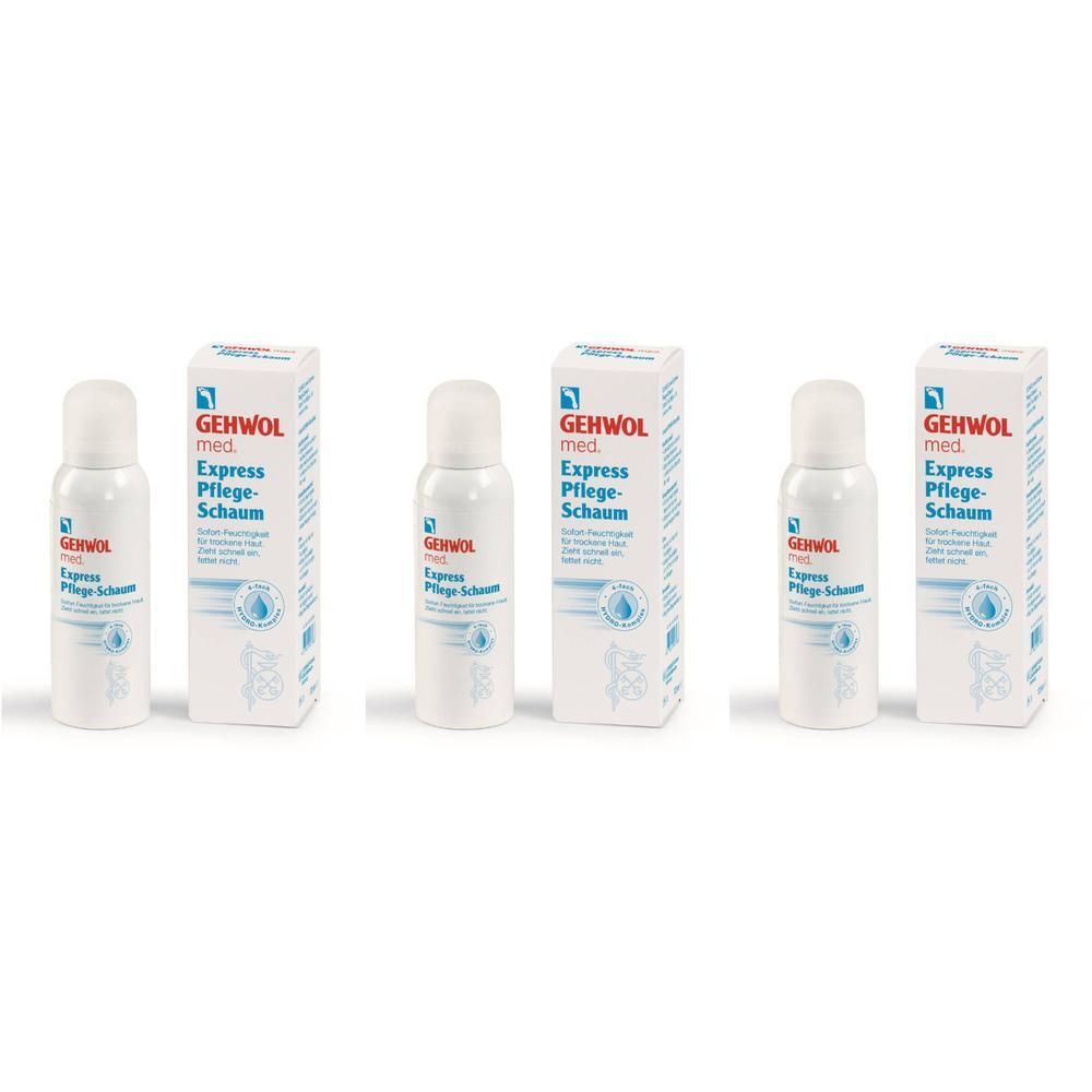 Trois flacons spray blancs avec boîtes blanches. Sur les flacons et les boîtes, on peut lire "GEHWOL med Express Pflege-Schaum".