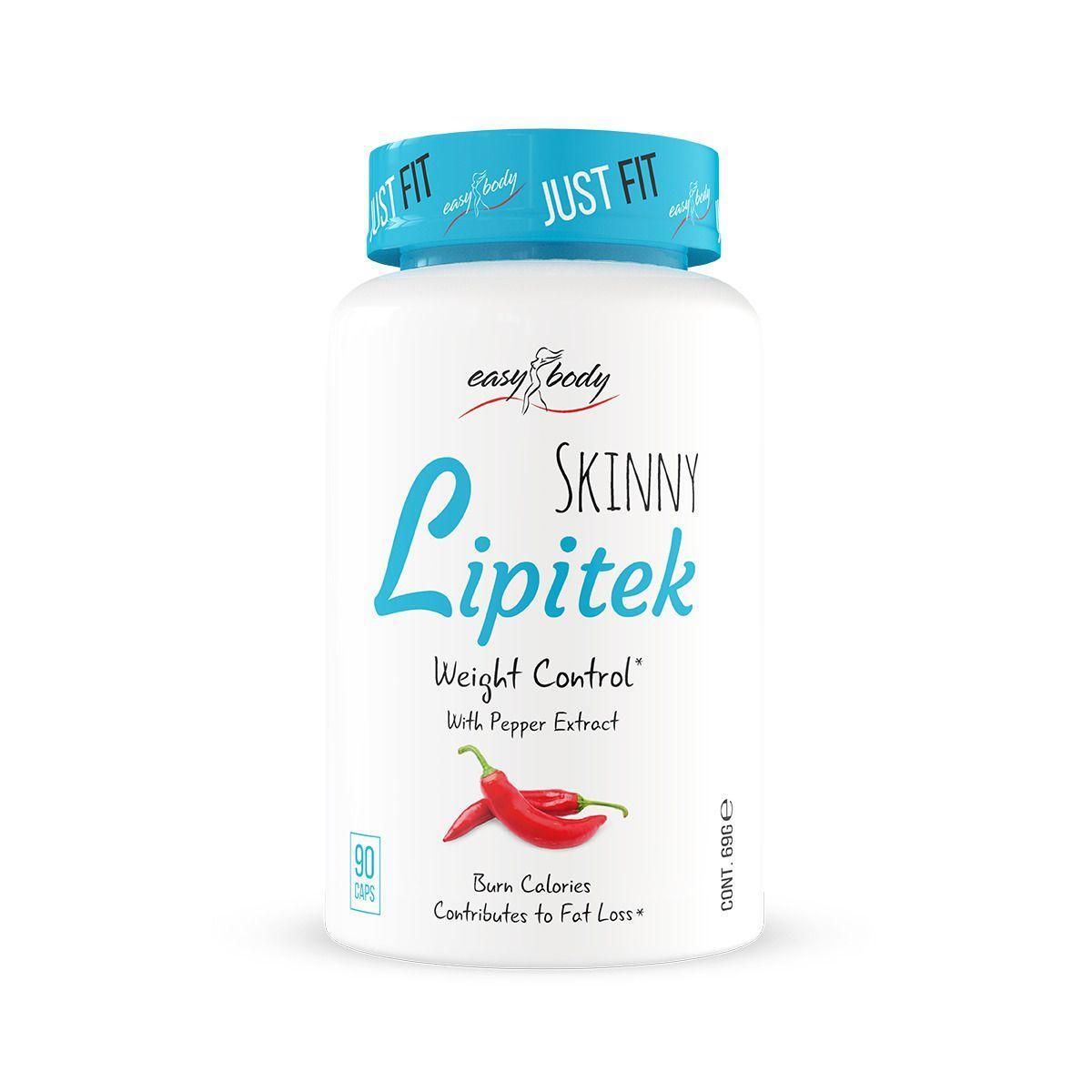 Witte fles met blauwe dop. Opschrift: Skinny Lipitek, Weight Control. Afbeelding van twee rode chilipepers. 90 capsules.