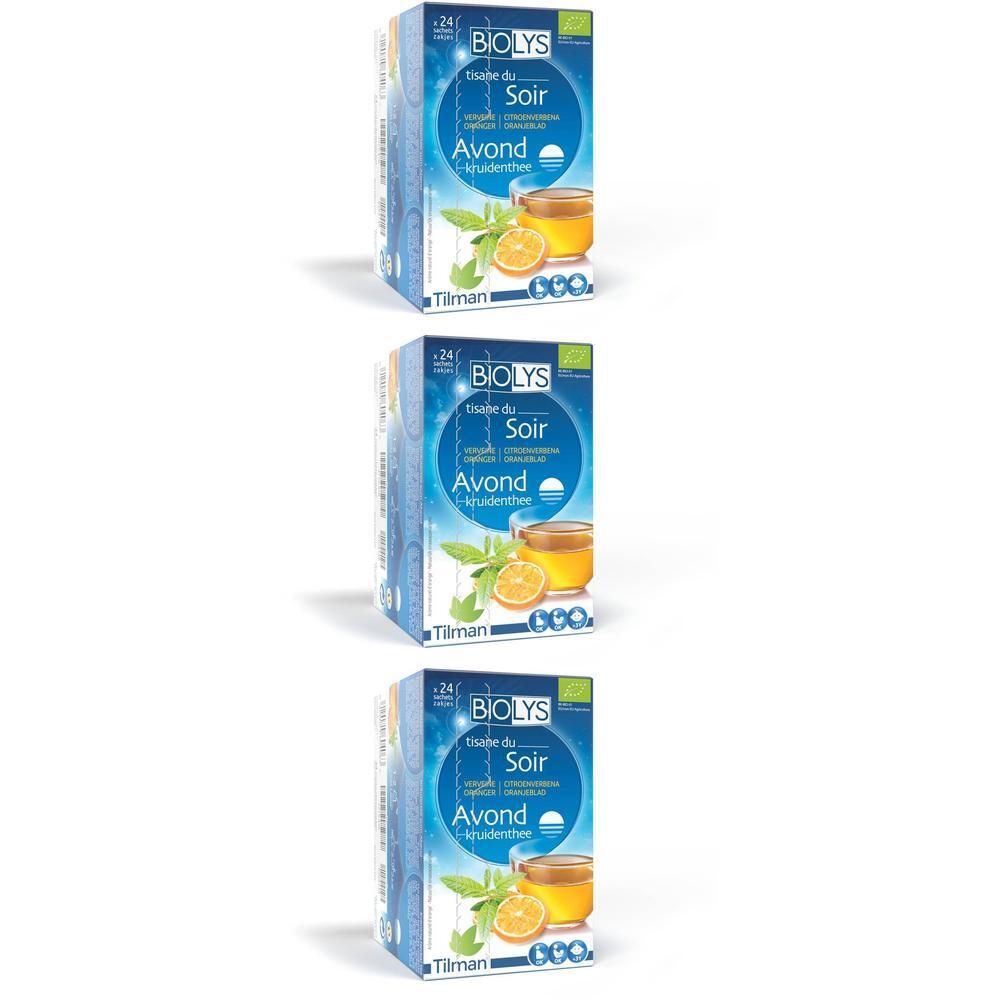 Drie dozen Biolys kruidenthee. Blauwe verpakking met productafbeelding en tekst. Bio-label.