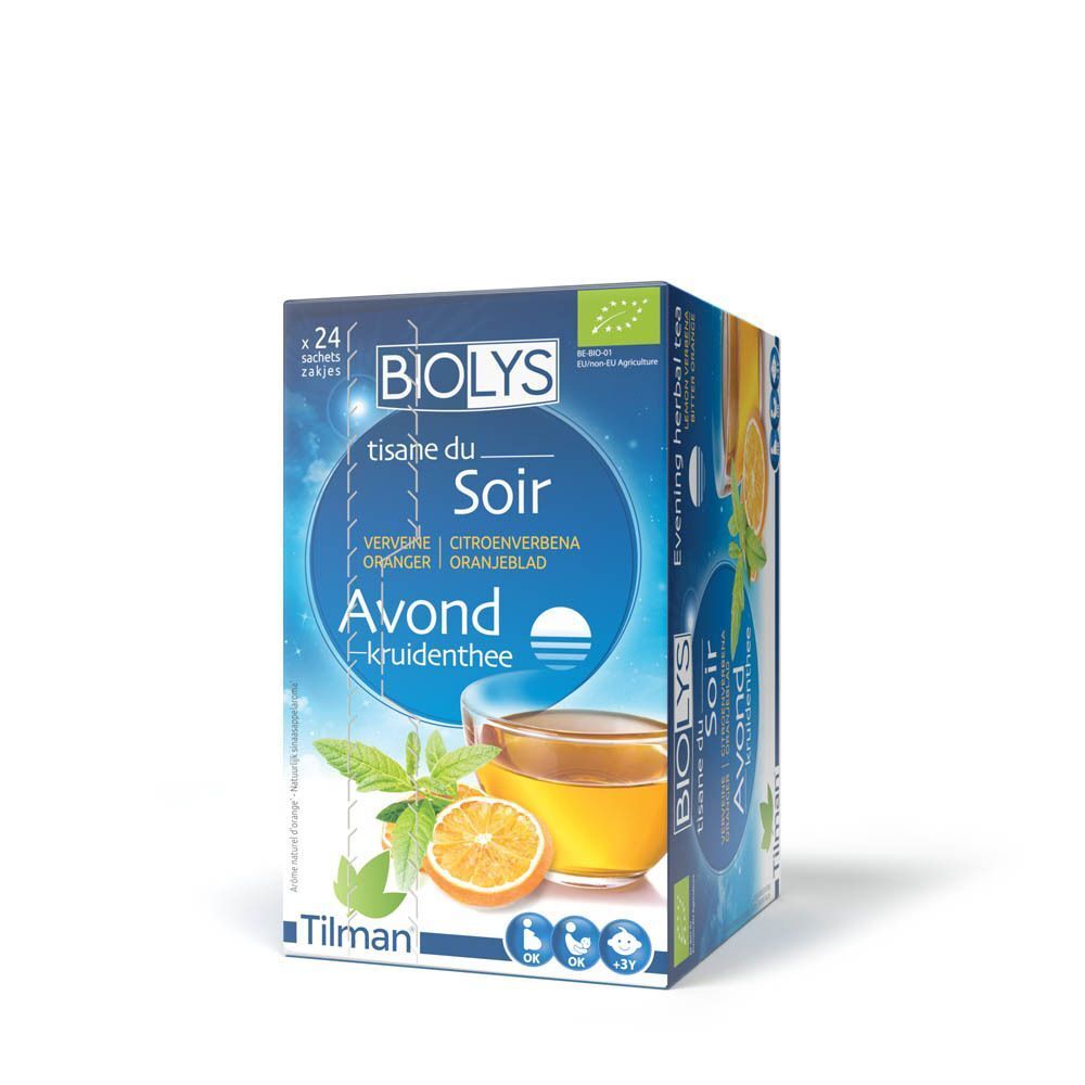 Biolys kruidenthee doos. Blauwe verpakking met productafbeelding en tekst. Bio-label.