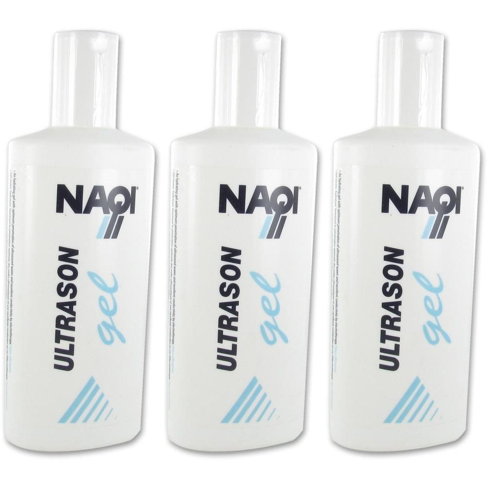 Trois flacons blancs avec étiquette NAQI Ultrason Gel. Inscription : ULTRASON gel. Bandes bleues en bas.