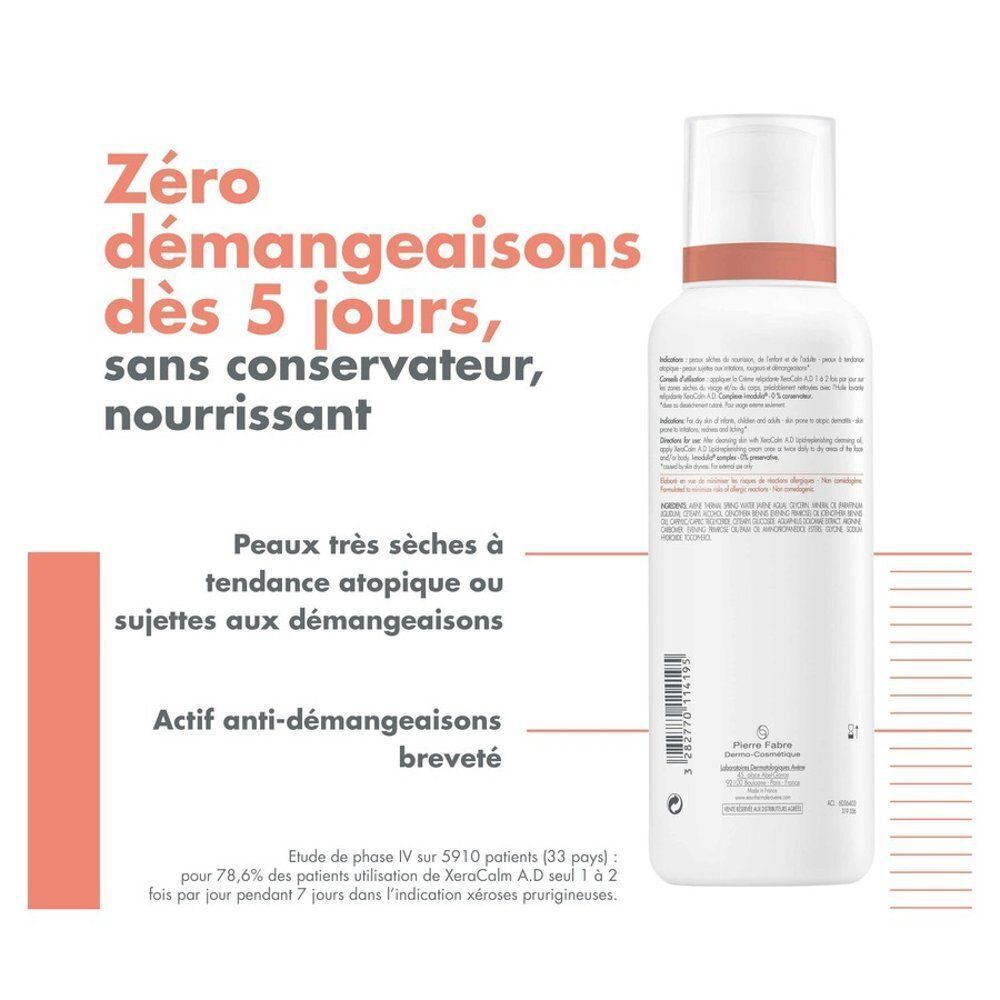 Achterkant witte fles Avène XeraCalm A.D. Tekst: Zero démangeaisons dès 5 jours, sans conservateur, nourrissant.