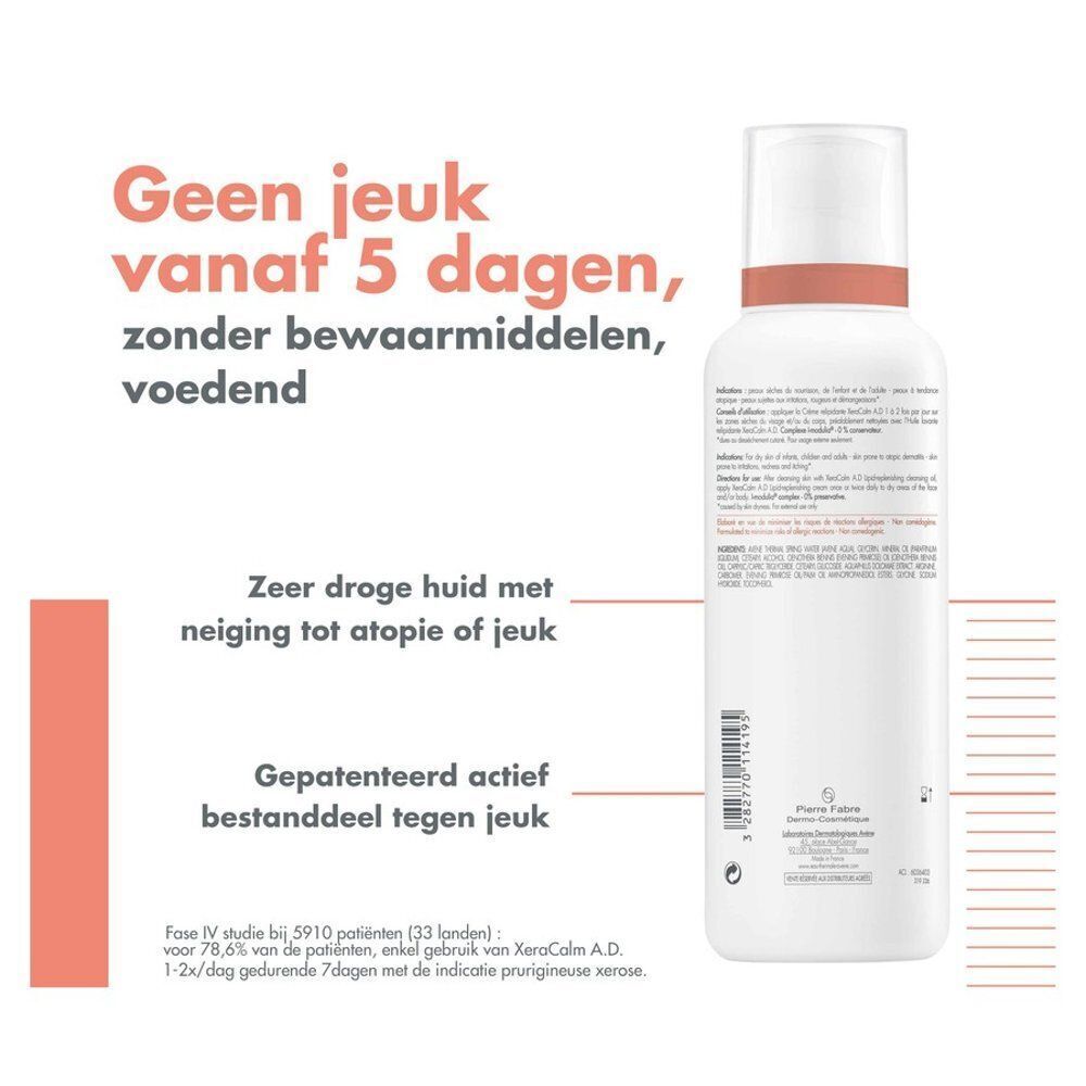 Dos d'un flacon blanc Avène XeraCalm A.D. Texte: Geen jeuk vanaf 5 dagen, zonder bewaarmiddelen, voedend.