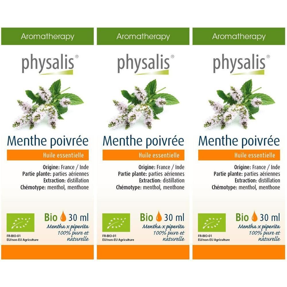 Trois emballages identiques. Inscription : Menthe poivrée, Huile essentielle, Bio. Avec logo Bio UE. Contient 30 ml.