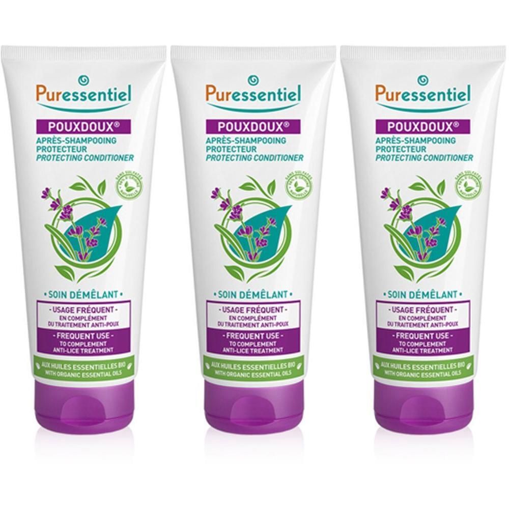 Drie tubes conditioner. Wit, met paarse en groene accenten. Opschrift: POUXDOUX, Après-shampooing protecteur, Soin démêlant.