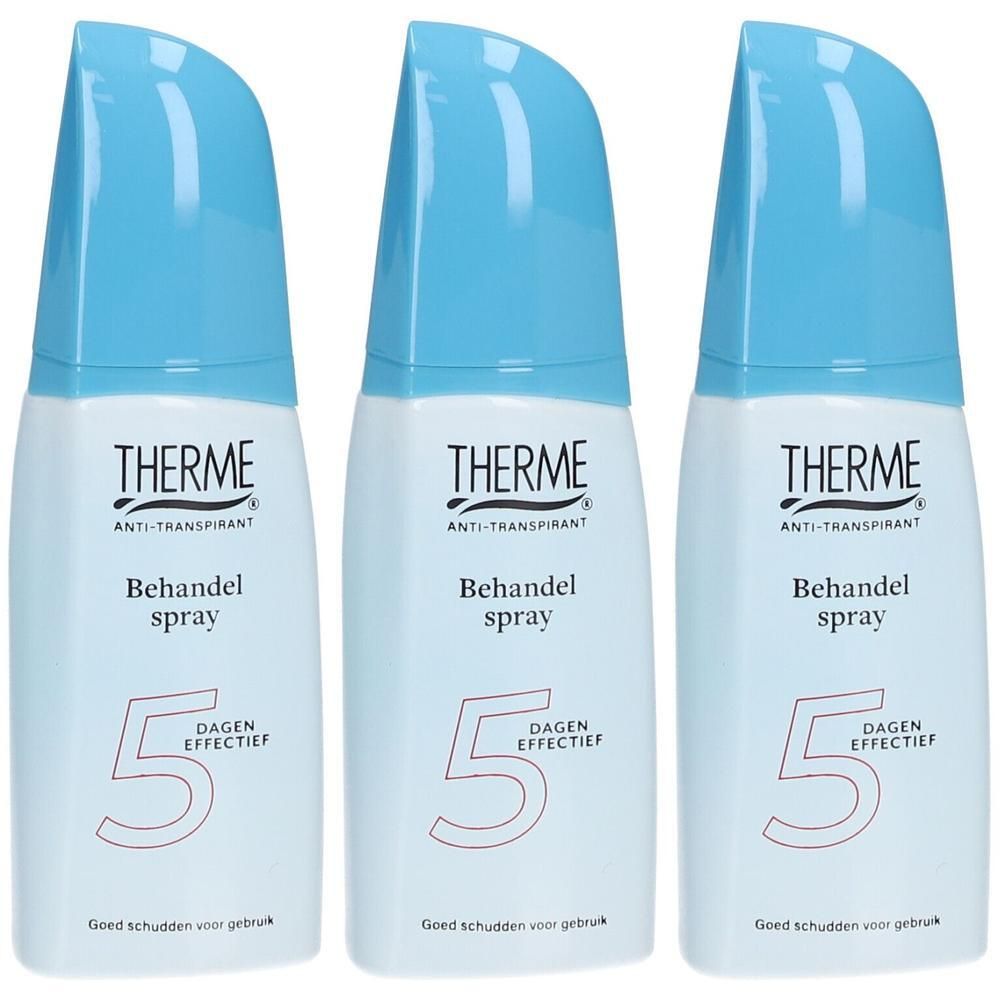 Trois flacons de spray anti-transpirant Therme. Bouchon bleu, flacon blanc. Inscription: Therme, Behandel Spray, 5 Dagen Effectief.