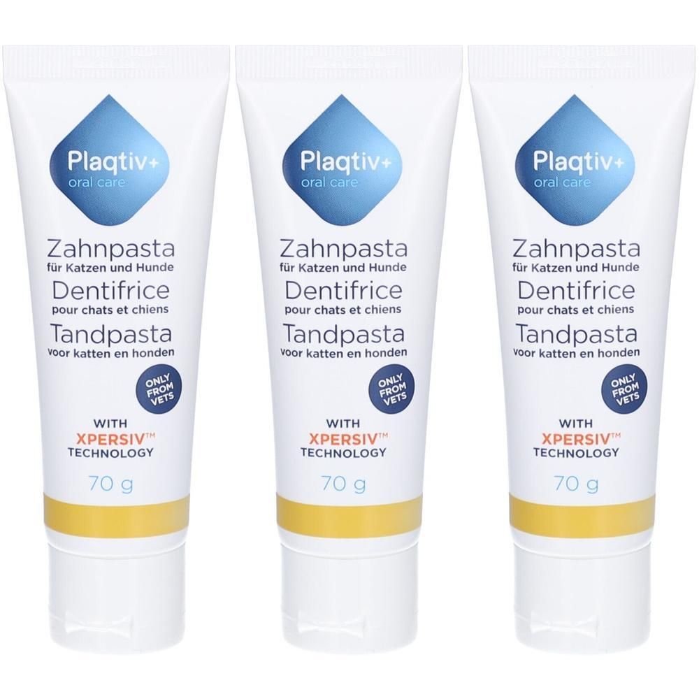 Trois tubes de dentifrice pour chats et chiens. Chaque tube porte la mention "Plaqtiv+" et "Dentifrice". Contient la technologie "XPERSIV". Chaque tube contient 70 g.