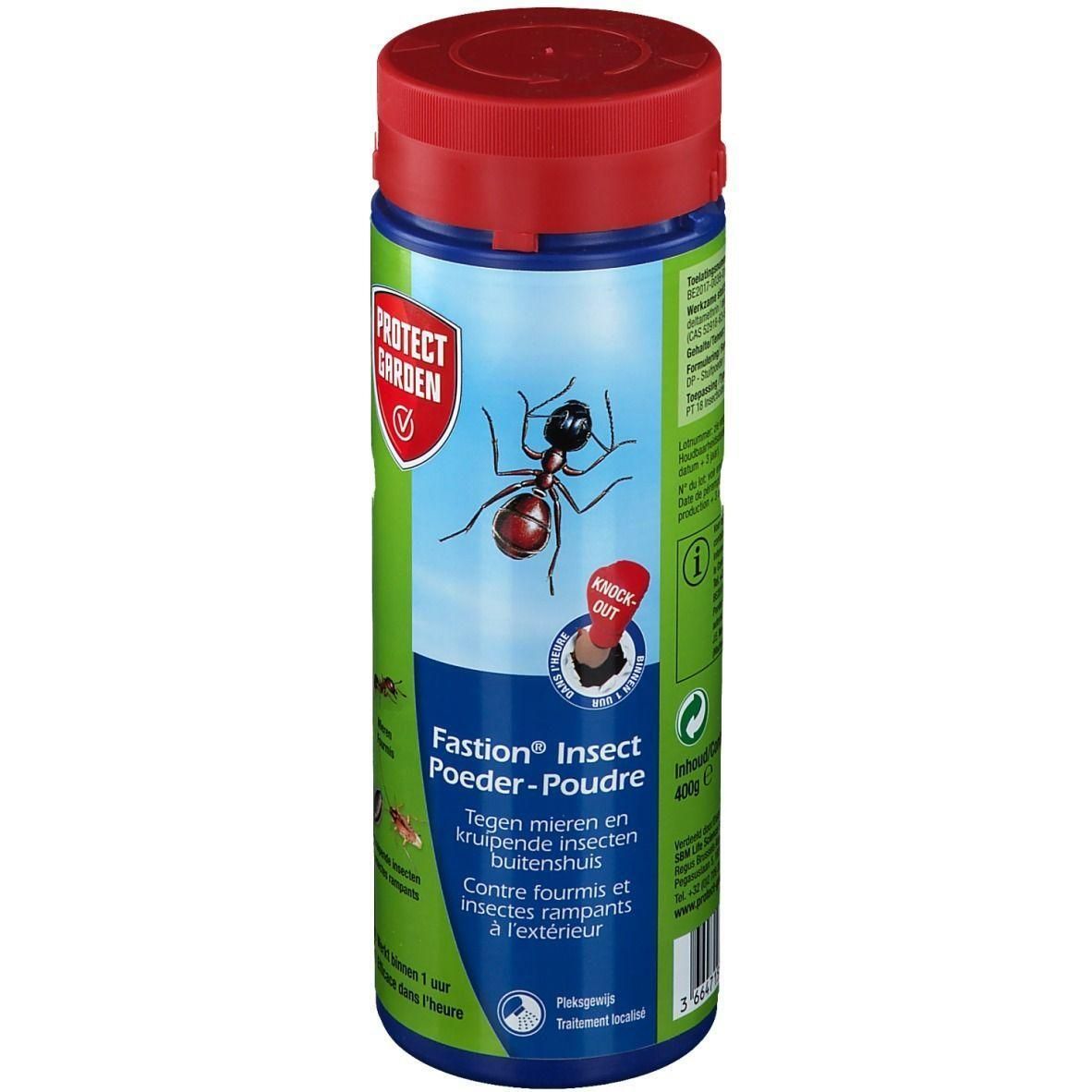 Boîte cylindrique avec couvercle rouge. Inscription: Protect Garden, Fastion Insect Poeder-Poudre. Illustration d'une fourmi.
