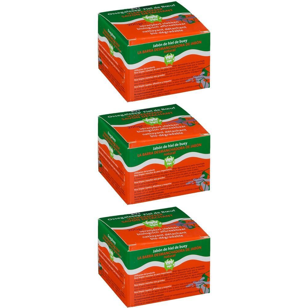 Drie vierkante dozen. Groen-oranje verpakking met tekst en logo. Productnaam: Jabón de Hiel de buey.