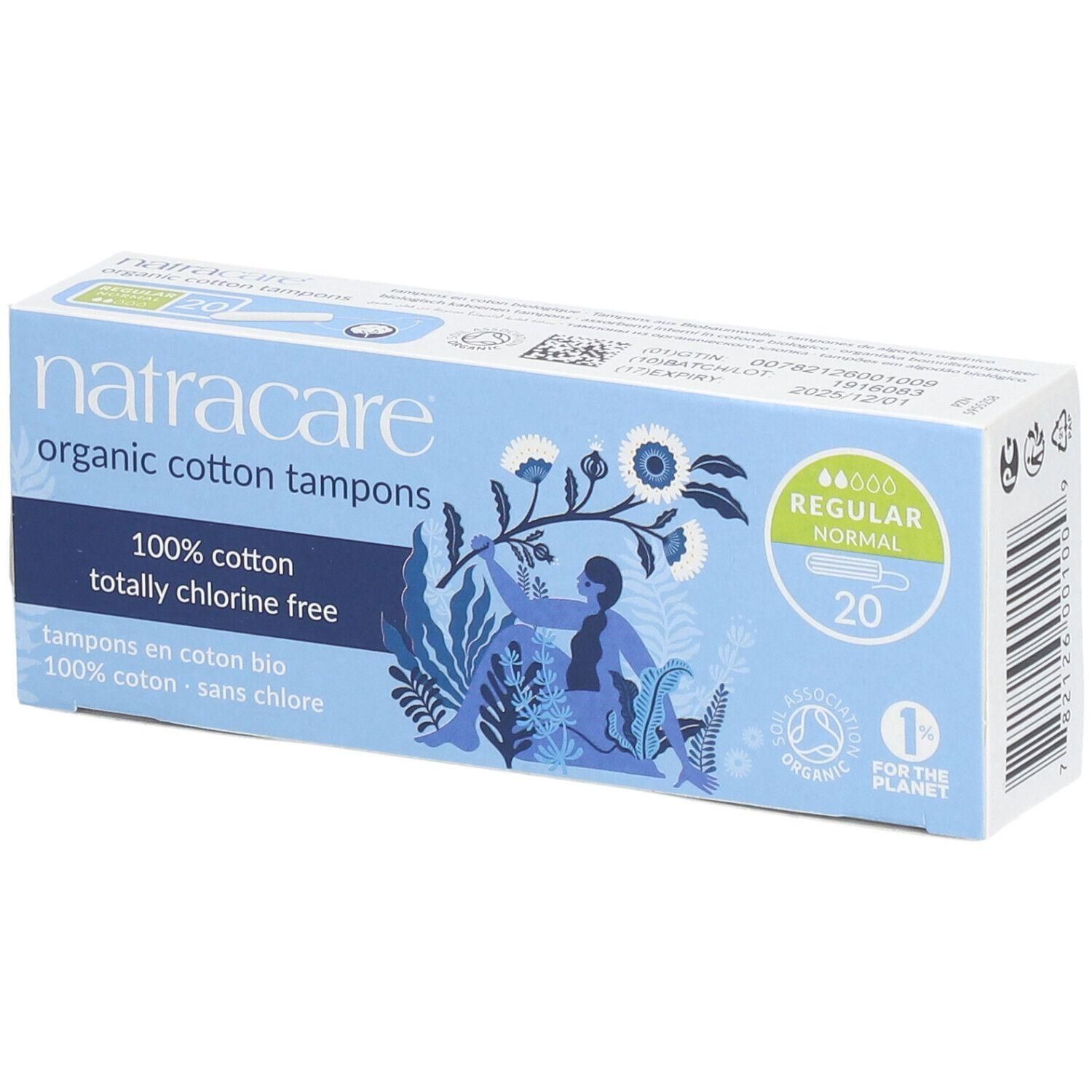 Boîte bleue claire de tampons. Inscription : Natracare, organic cotton tampons, 100% cotton, totally chlorine free. 20 unités, Regular.