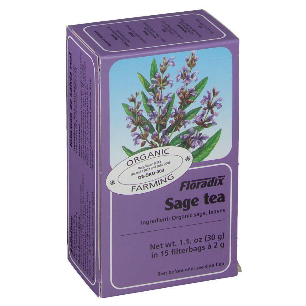 Boîte en carton violet avec illustration de plantes. Texte : Floradix, Thé de sauge, Agriculture biologique. Ingrédients : sauge bio, feuilles. Poids net : 30 g en 15 sachets.
