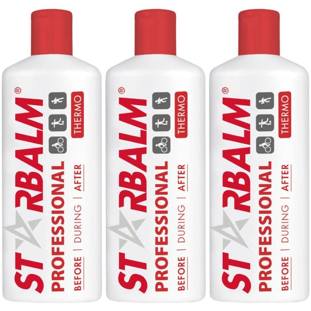 Trois flacons blancs à bouchon rouge. Inscription : STARBALM PROFESSIONAL THERMO. Pour avant, pendant et après le sport.