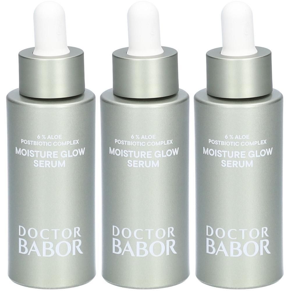 Drie zilverkleurige flessen DOCTOR BABOR Moisture Glow Serum met pipetten.