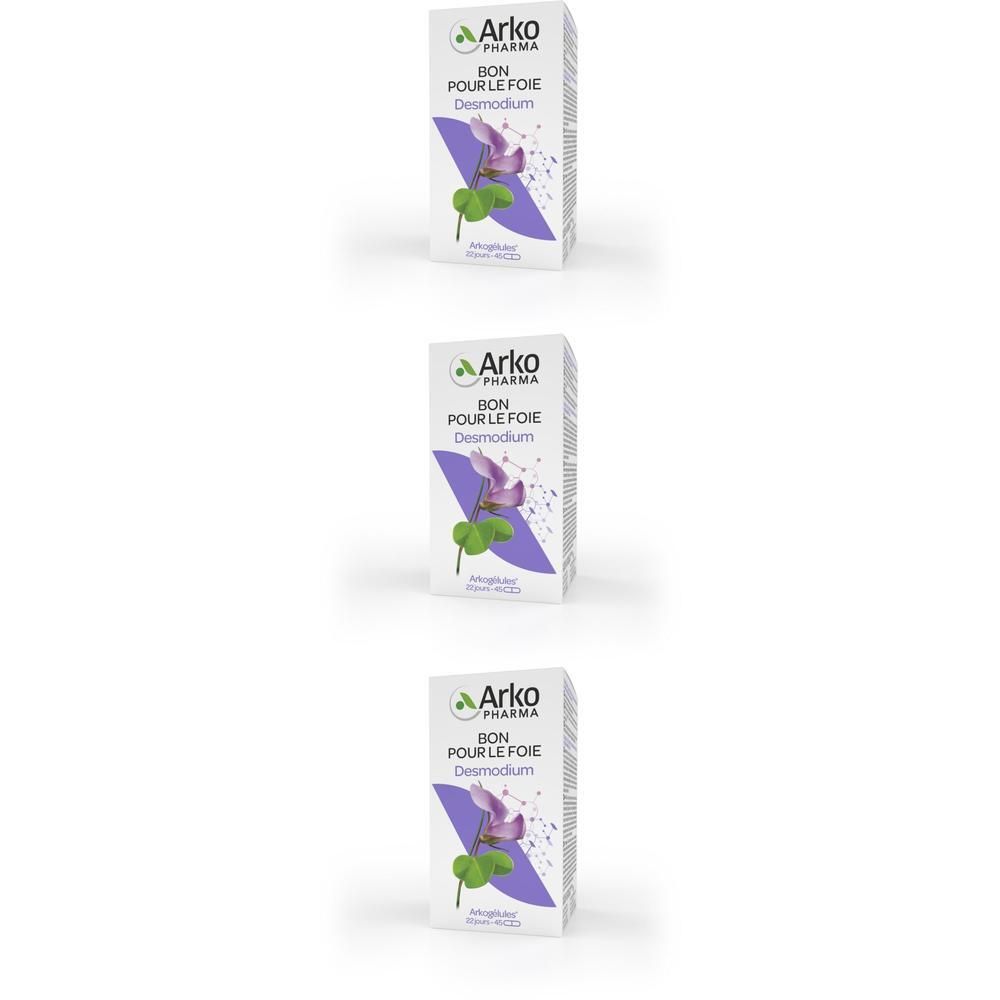 Trois boîtes Arkocaps Desmodium. Boîtes blanches avec logo, graphique violet et texte. Texte français.