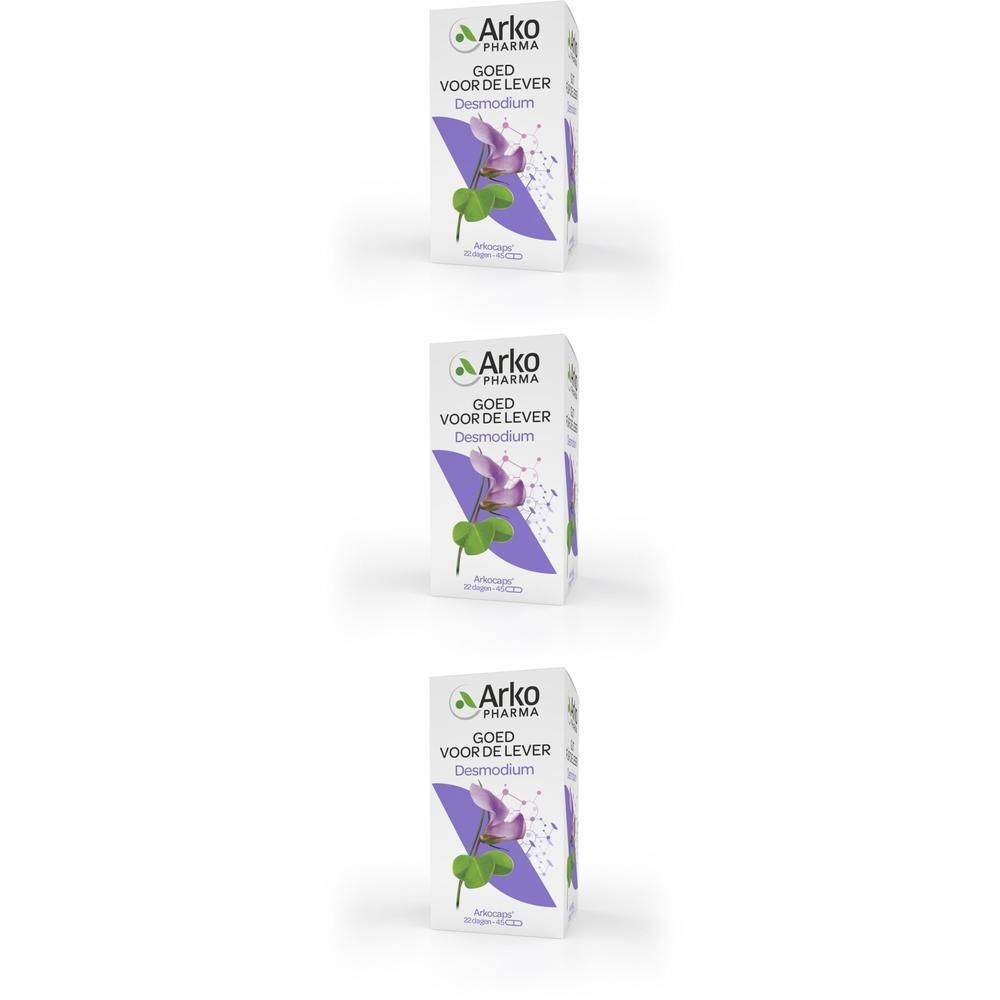 Drie dozen met het Arko Pharma logo. Op elke doos staat 'GOED VOOR DE LEVER Desmodium' en een bloemafbeelding.