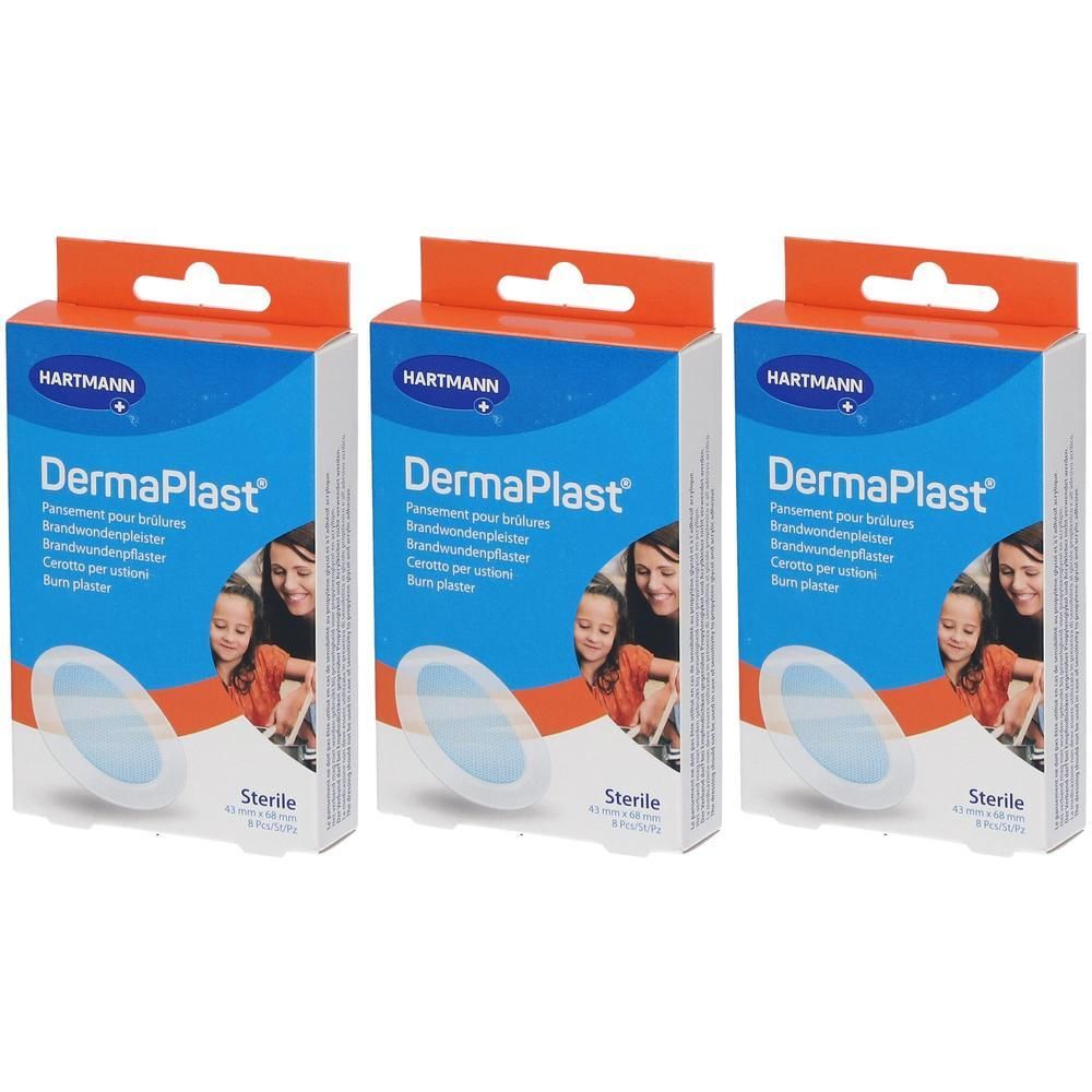 Trois boîtes de pansements DermaPlast pour brûlures. Emballage bleu avec nom du produit, logo et image d'une famille. Pansements stériles.