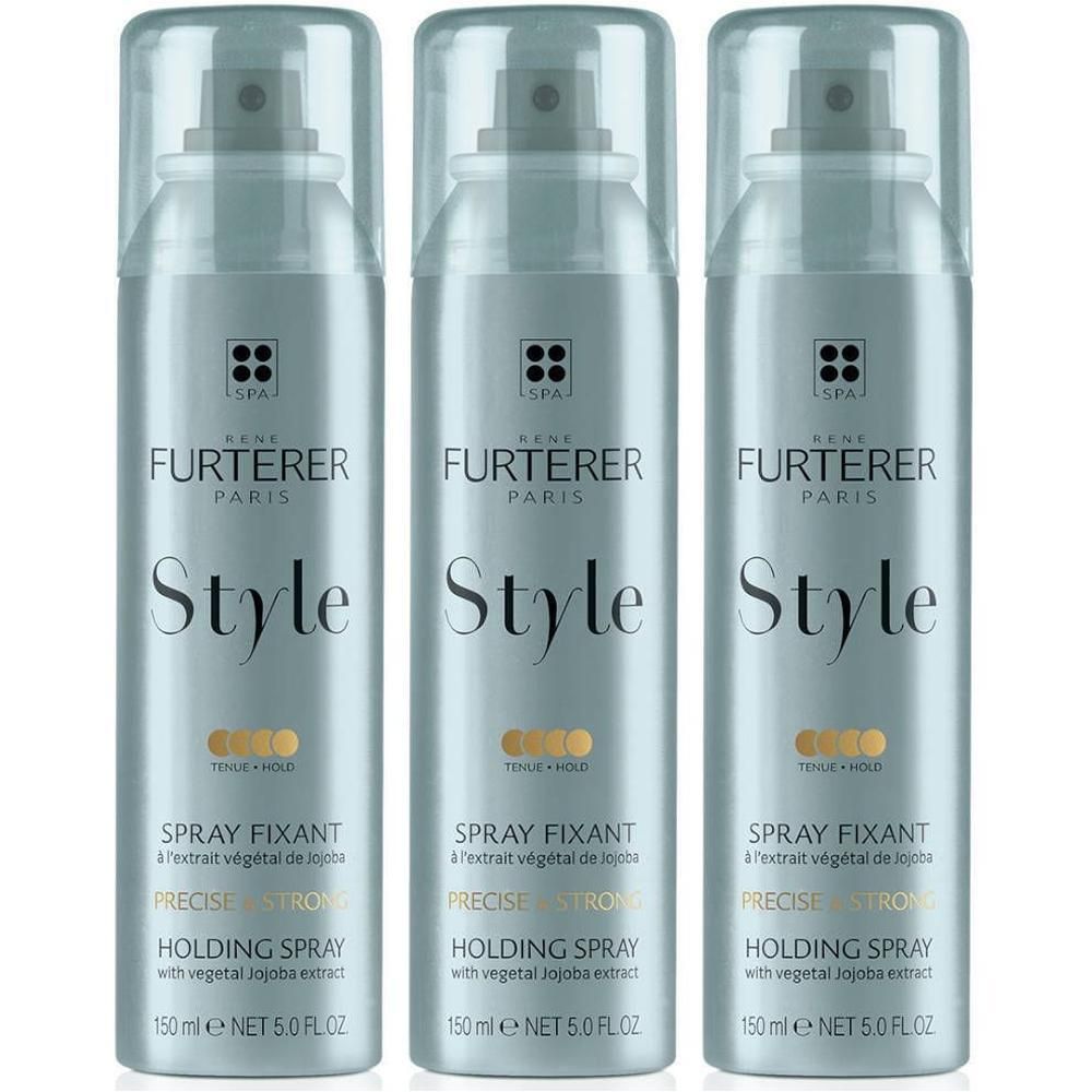 Trois sprays coiffants. Inscription: FURTERER PARIS, Style, Spray Fixant, Holding Spray. 150ml.