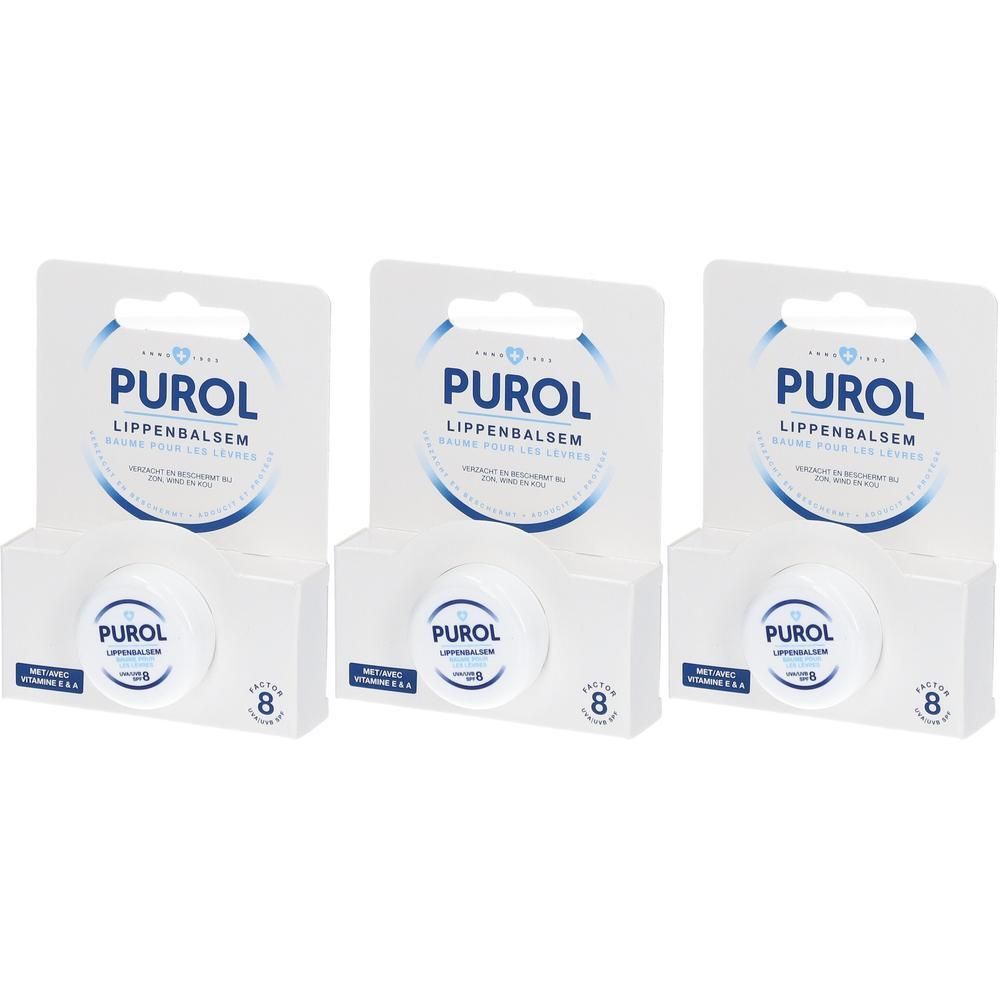 Drie verpakkingen lippenbalsem. Elke verpakking bevat een witte pot met blauwe deksel. De tekst "PUROL LIPENBALSEM" is zichtbaar.