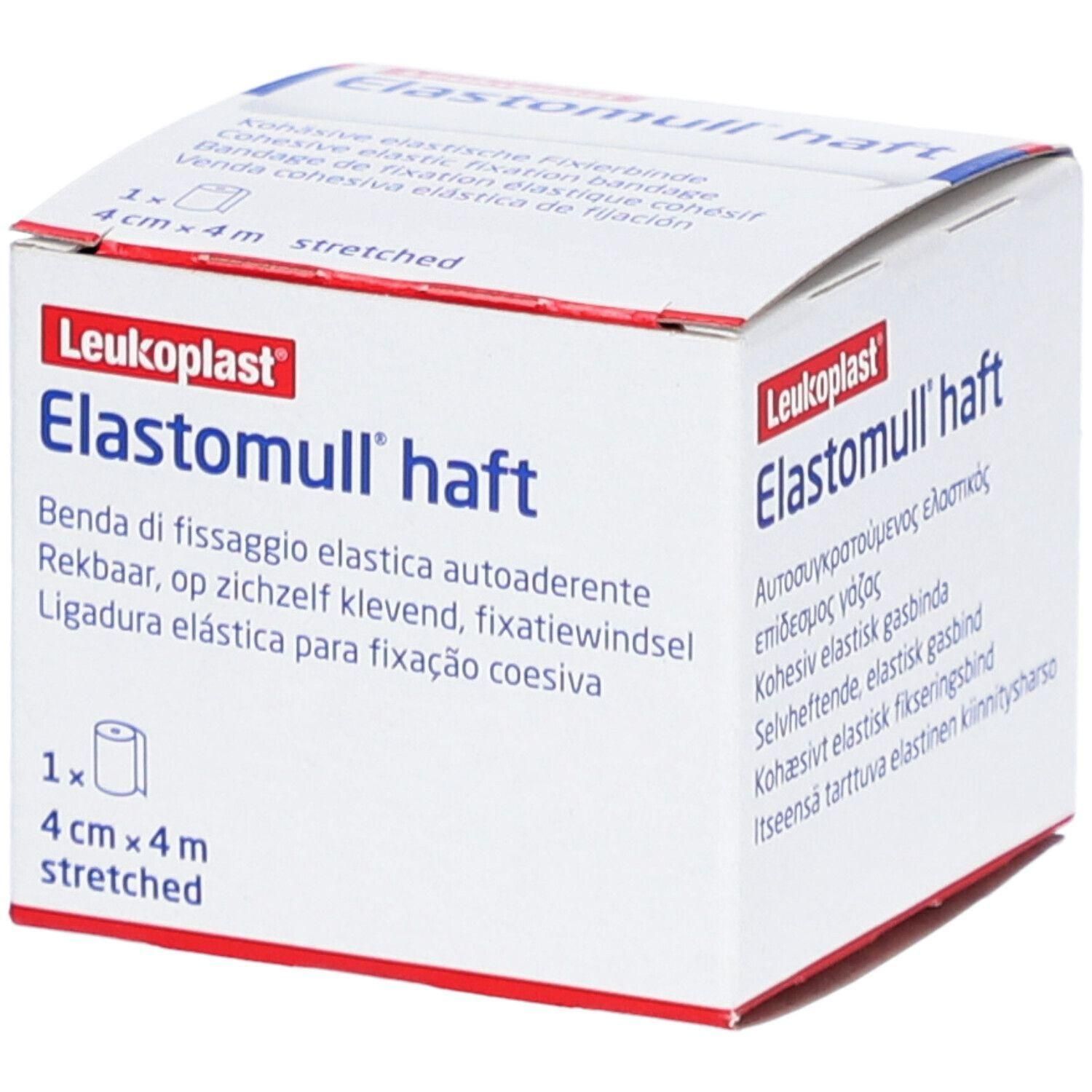 Witte doos met rode en blauwe tekst. Opschrift: Leukoplast Elastomull haft, 4cm x 4m. Productafbeelding.