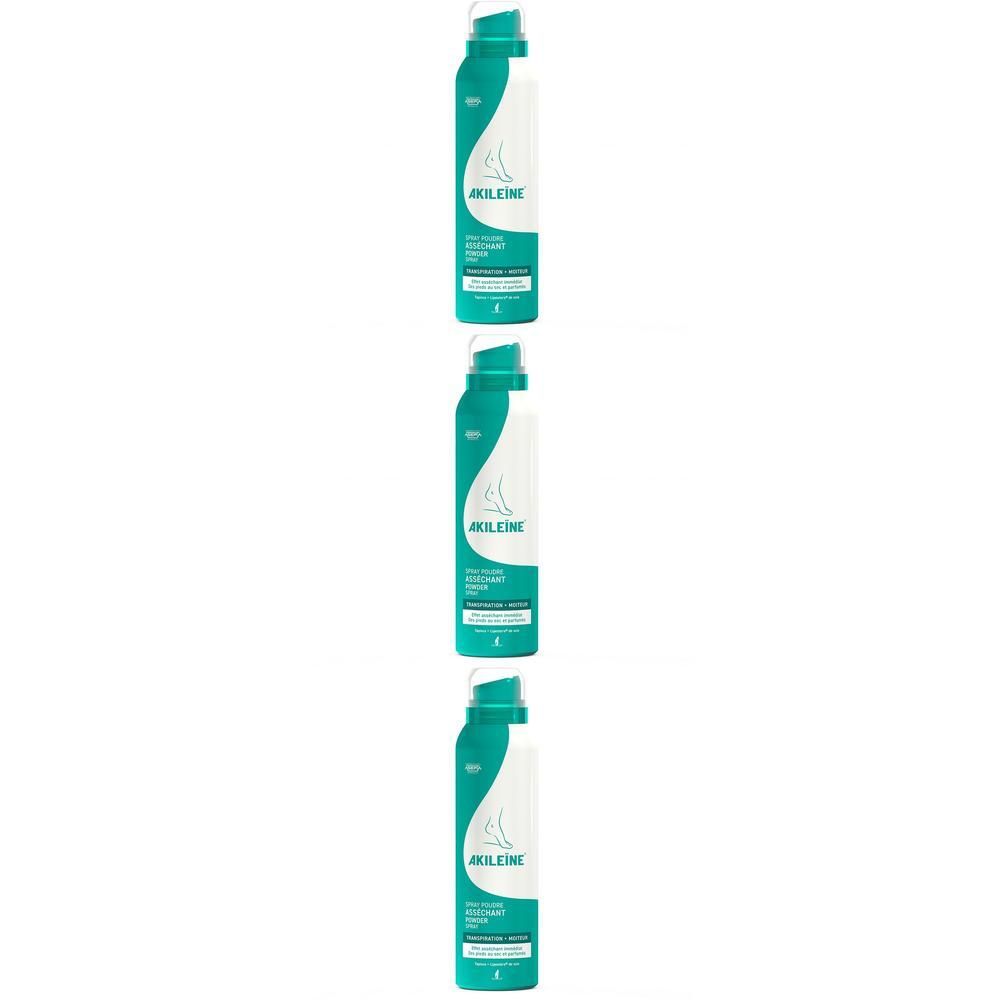 Drie sprays. Turquoise en witte flessen met verstuiver. Opschrift: Akileine, Poudre Assechant.