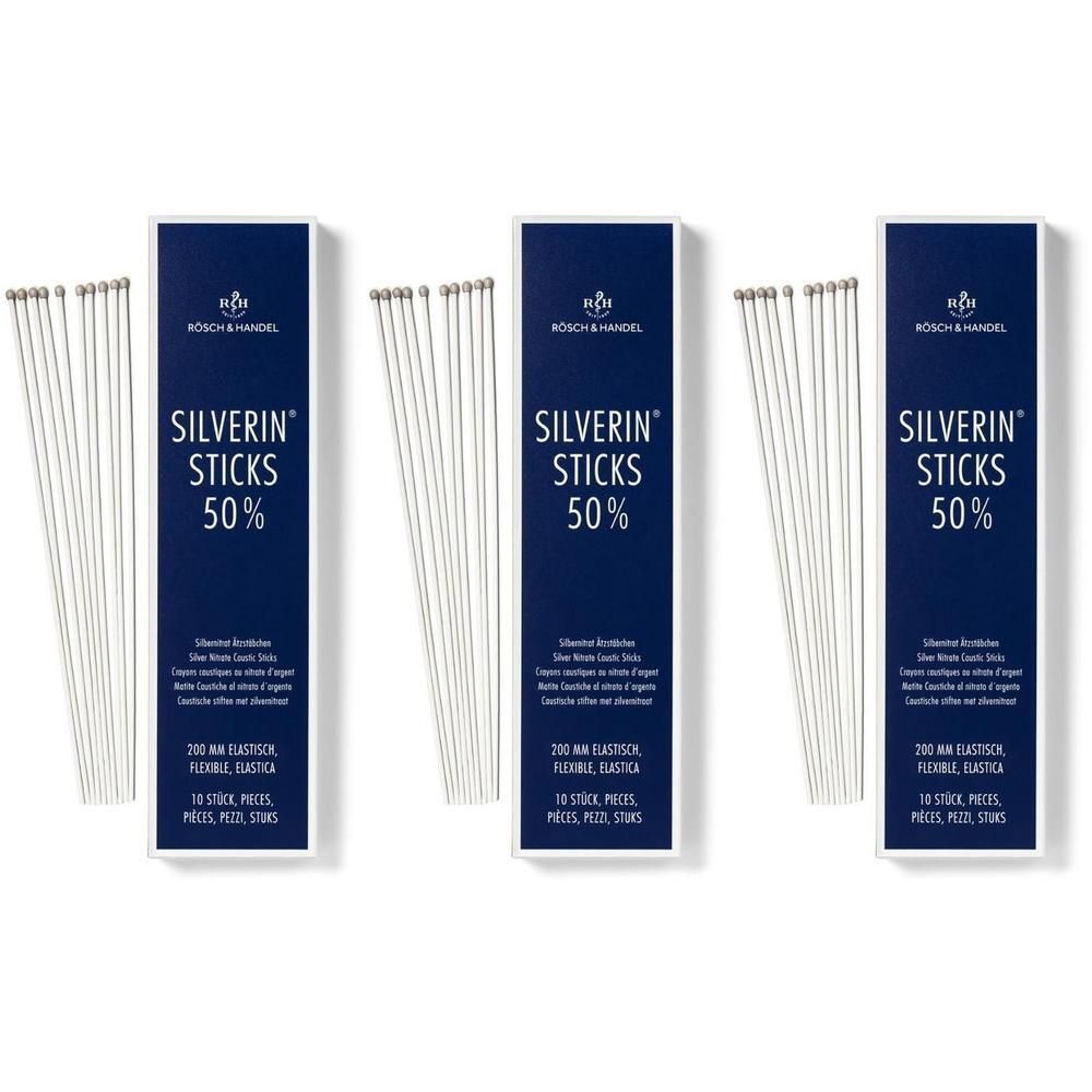 Drie verpakkingen Silverin Sticks 50%. Blauwe verpakking met productnaam en logo. 200 mm flexibele sticks.