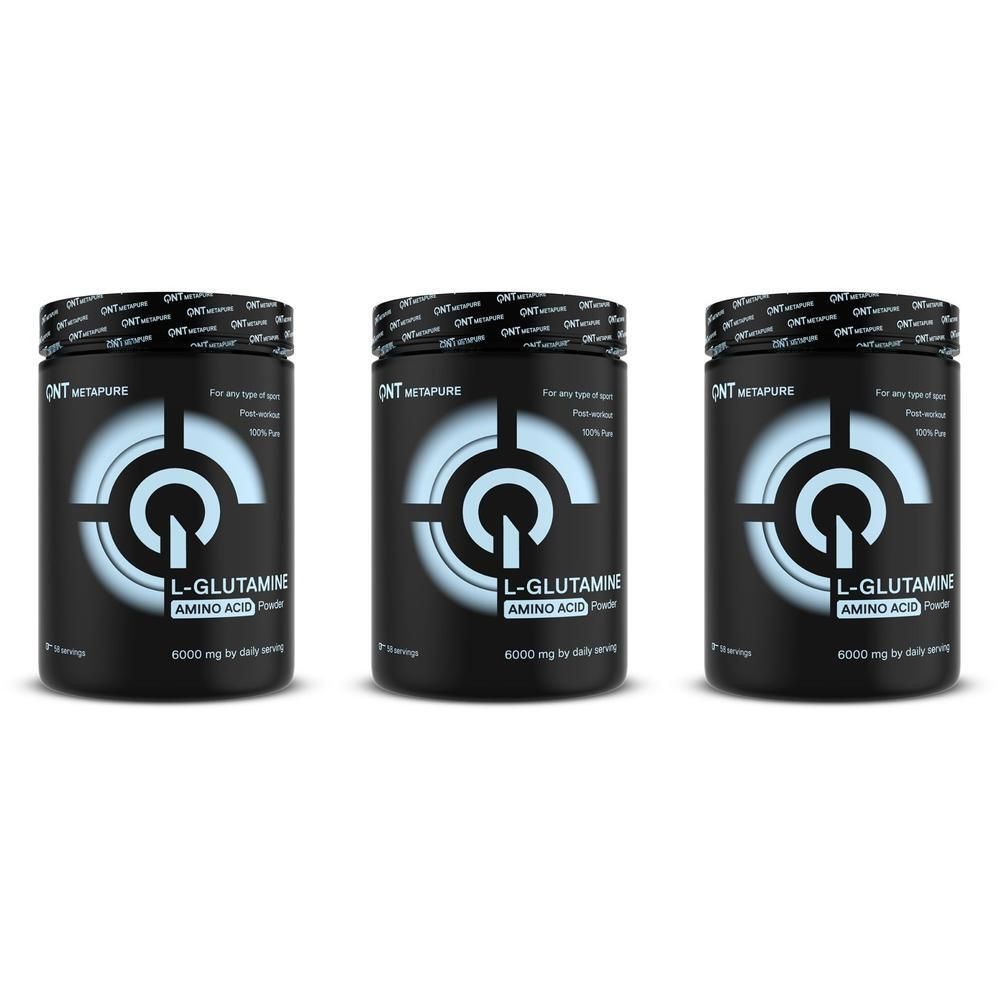 Drie zwarte potten met witte tekst. Opschrift: L-Glutamine, aminozuurpoeder. Merk: QNT Metapure. Deksel met logo.