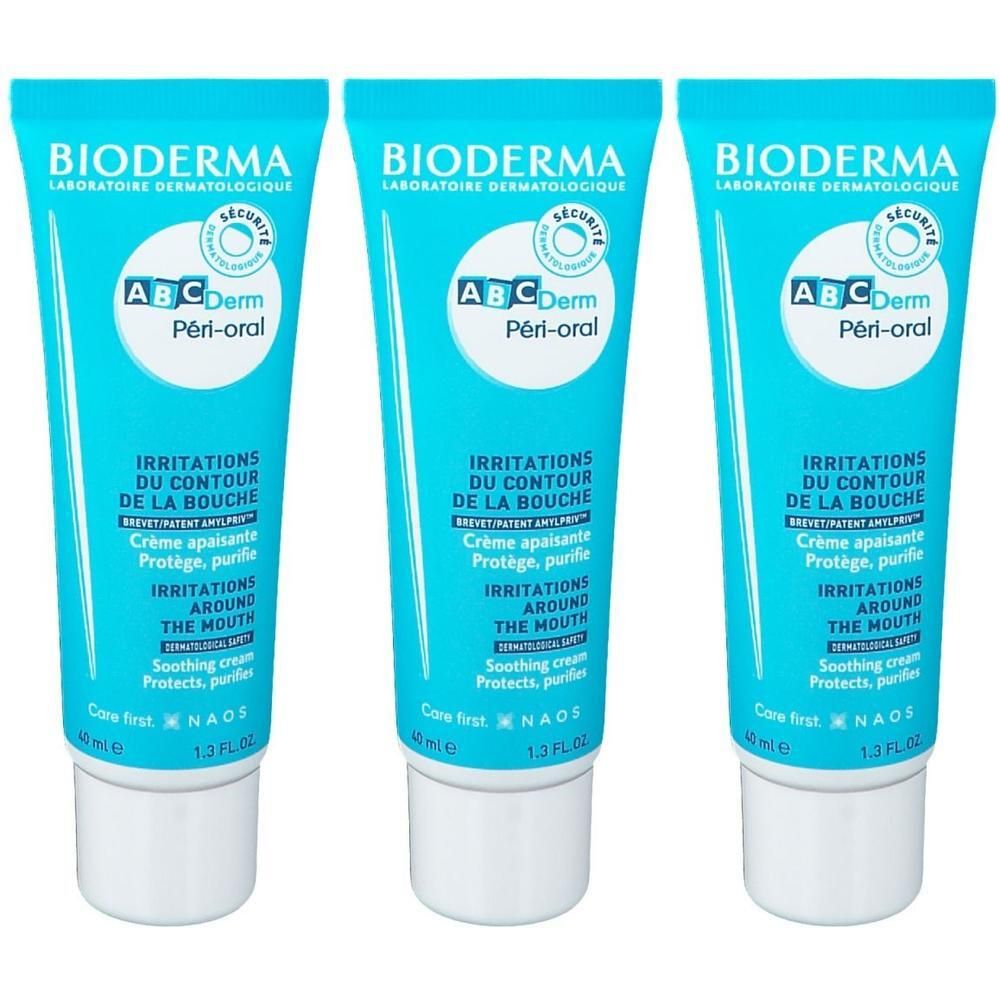 Trois tubes de Bioderma ABCDerm Péri-Oral. Tubes bleu turquoise avec bouchon blanc. Inscription : Irritations du contour de la bouche. Crème apaisante.