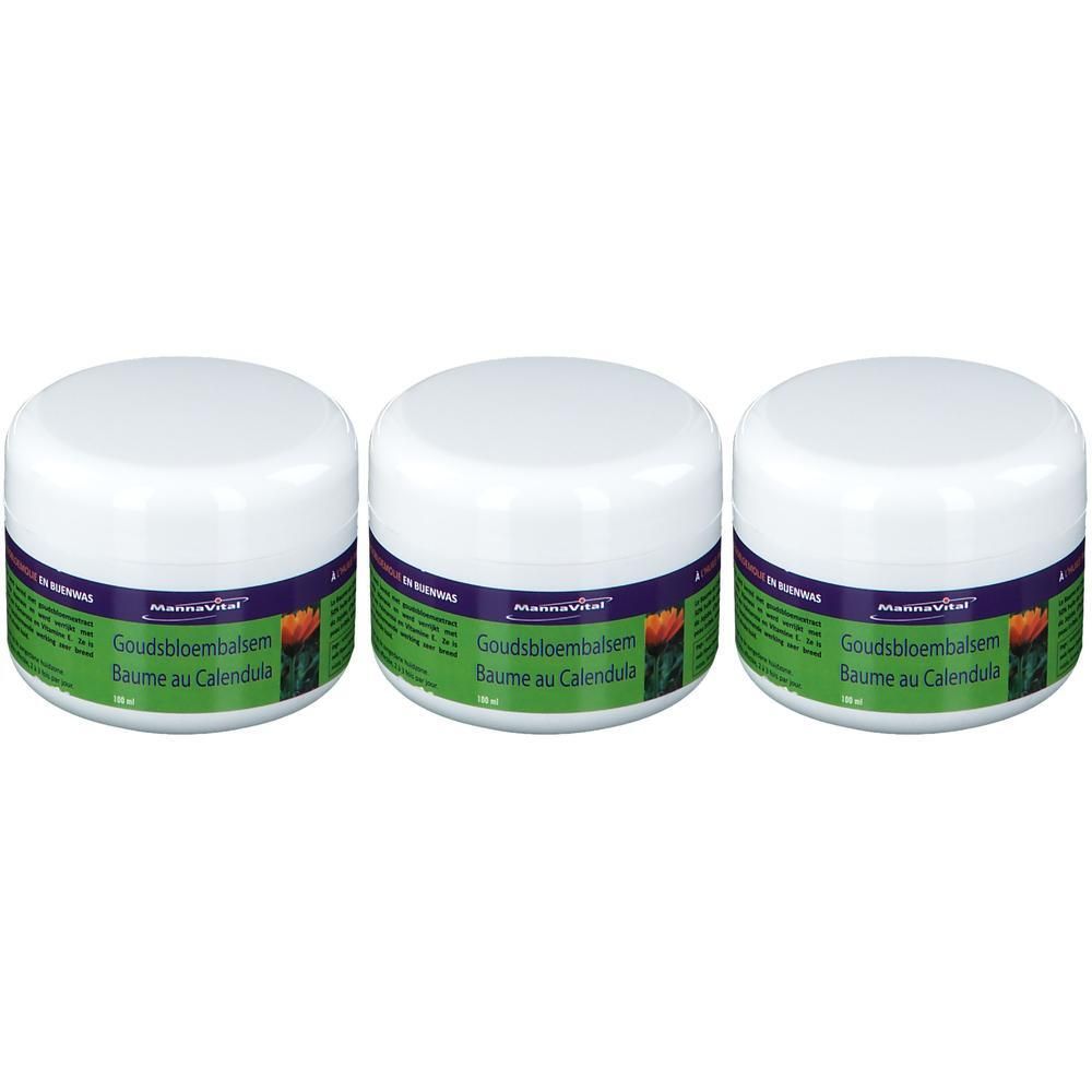 Drie witte potten met deksels. Labels: Goudsbloembalsem Baume au Calendula. Merk: Mannavital.