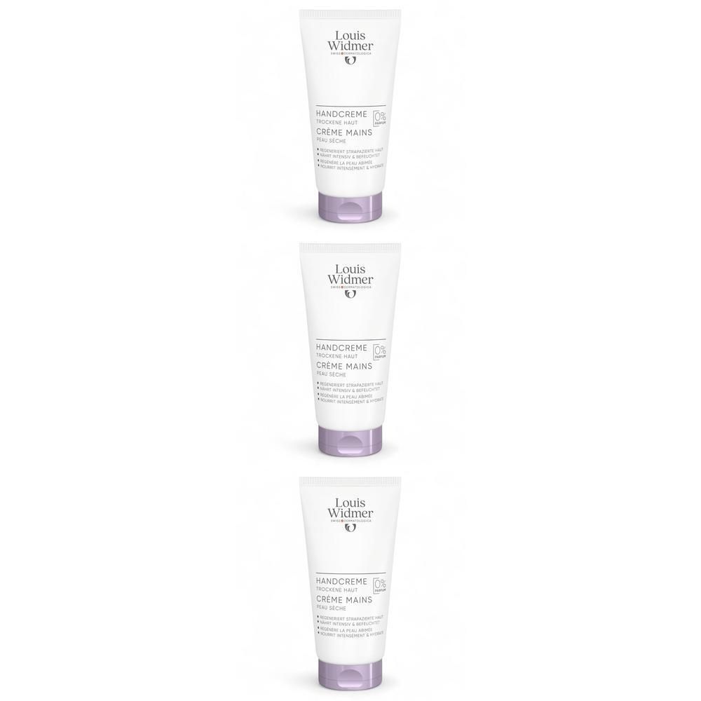 Drie tubes handcrème, wit met paarse dop. Opschrift: Louis Widmer, Handcrème, Crème Mains.