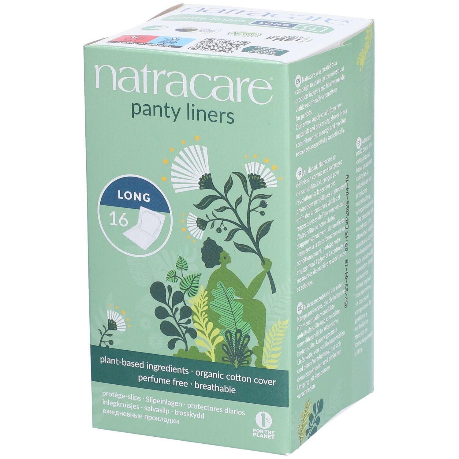 Doosje NATRACARE inlegkruisjes. Groen, met bloemmotief en tekst. Bevat 16 stuks, Long formaat. Ingrediënten: plantaardig, biologisch katoen, parfumvrij, ademend.