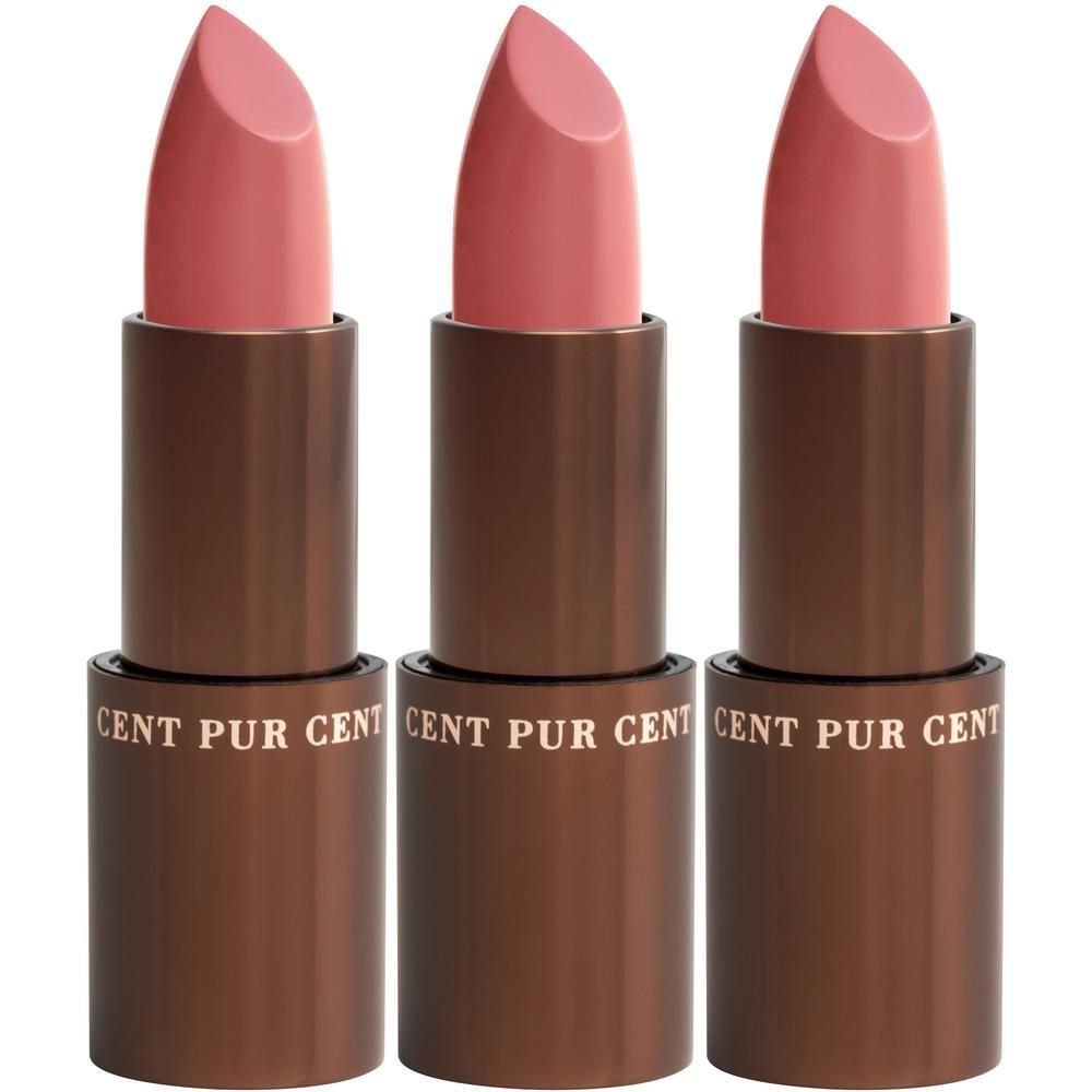 Drie roze lippenstiften in bruine hulzen. De tekst "CENT PUR CENT" is zichtbaar op de hulzen.