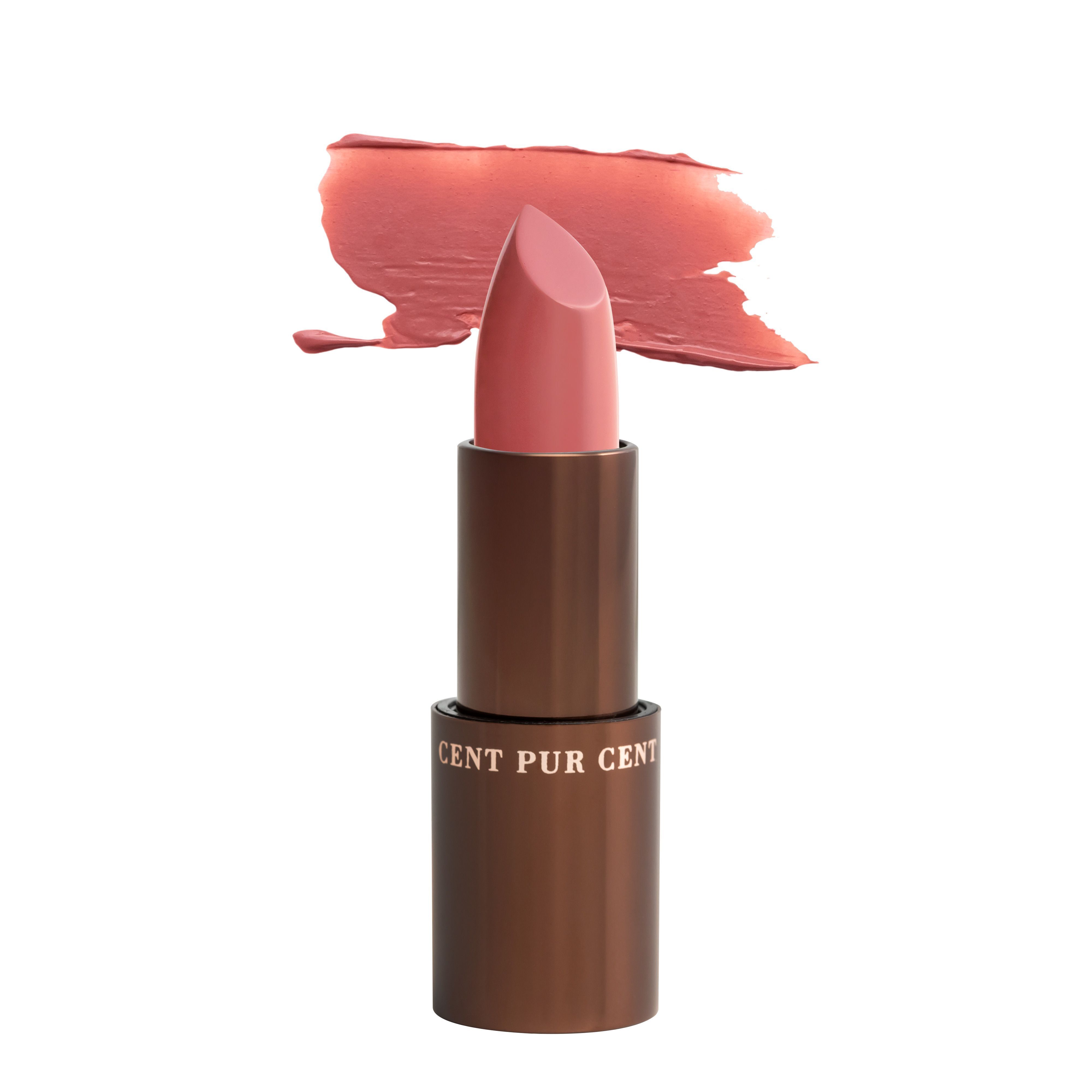 Un rouge à lèvres rose avec un étui marron et une trace de couleur. Le texte "CENT PUR CENT" est visible.