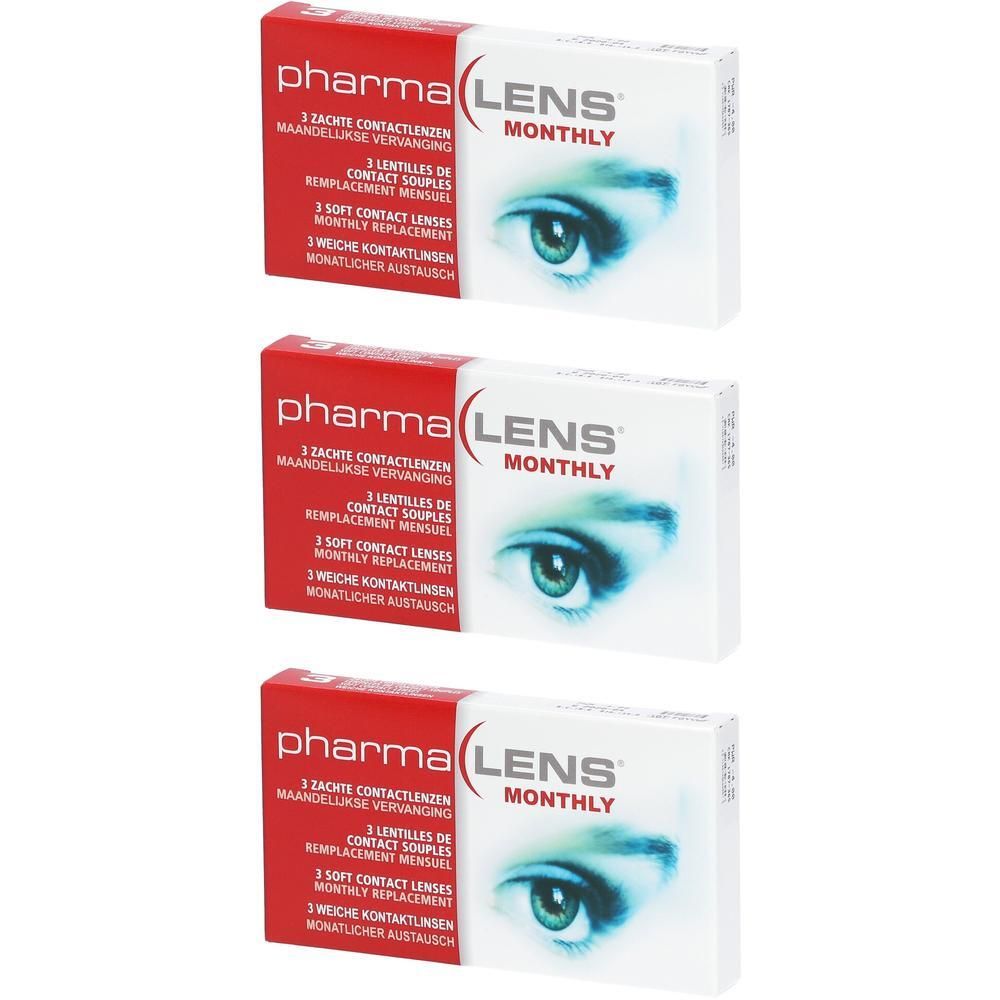 Trois boîtes de lentilles de contact Pharma Lens Monthly. Chaque boîte présente un œil et du texte multilingue. Emballage rouge et blanc.