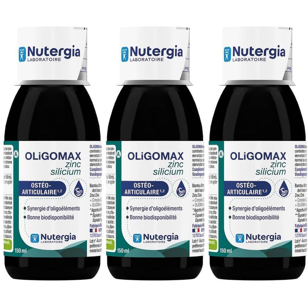 Trois flacons de Nutergia Oligomax Zinc - Silicium. Liquide noir dans des bouteilles en verre avec des étiquettes blanches. Texte: Oligomax, Zinc, Silicium.