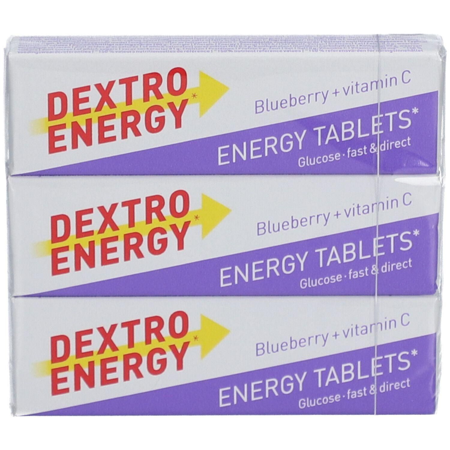Trois paquets de Dextro Energy Energy Tablets. Inscription : Myrtille + vitamine C, Glucose fast & direct. Emballé sous film.