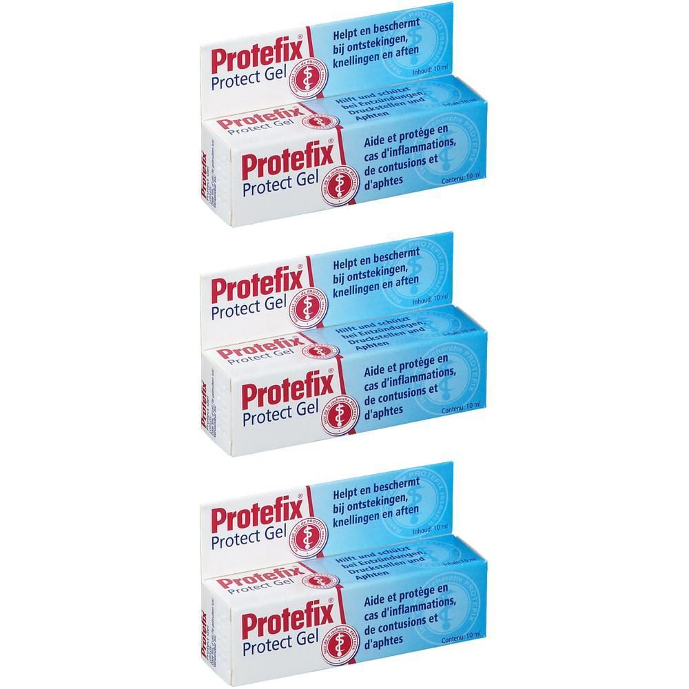 Trois boîtes de Protefix Protect Gel. Boîtes blanches avec texte rouge et bleu. Texte: Protect Gel, aide en cas d'inflammations, aphtes.
