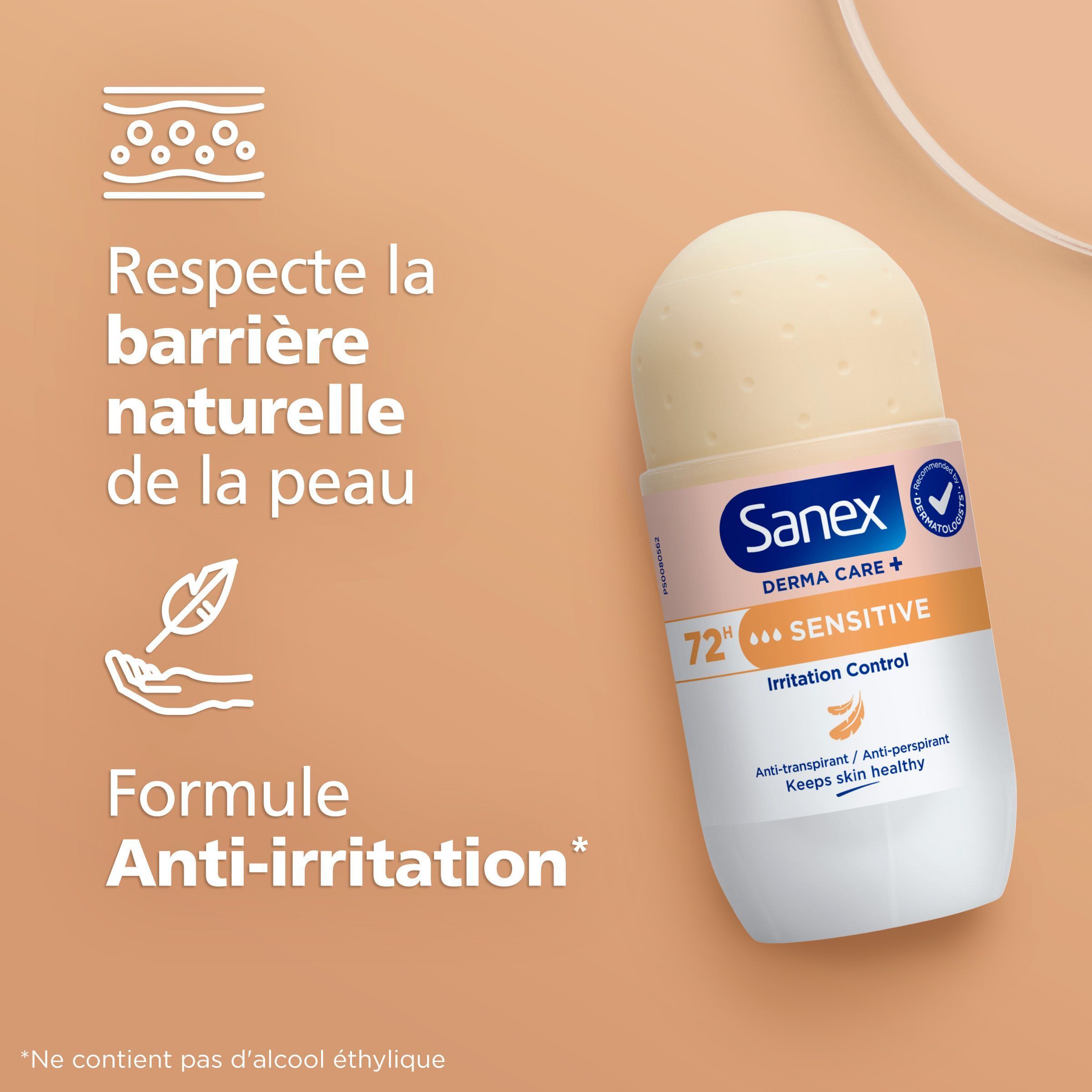 Roll-on et symboles. Texte : Respecte la barrière naturelle de la peau. Formule anti-irritation. Logo Sanex.