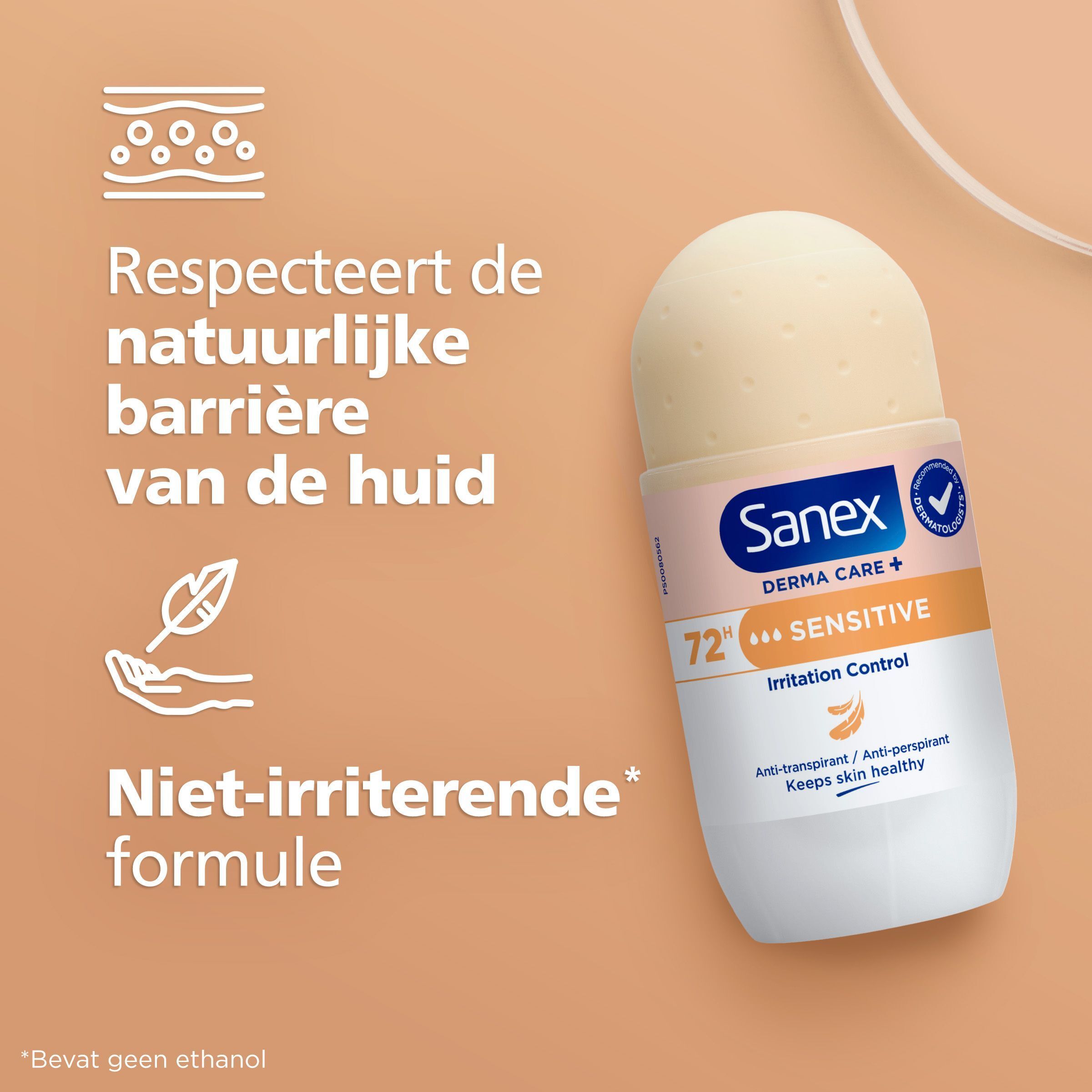 Roller en symbolen. Tekst: Respecteert de natuurlijke barrière van de huid. Niet-irriterende formule. Sanex logo.