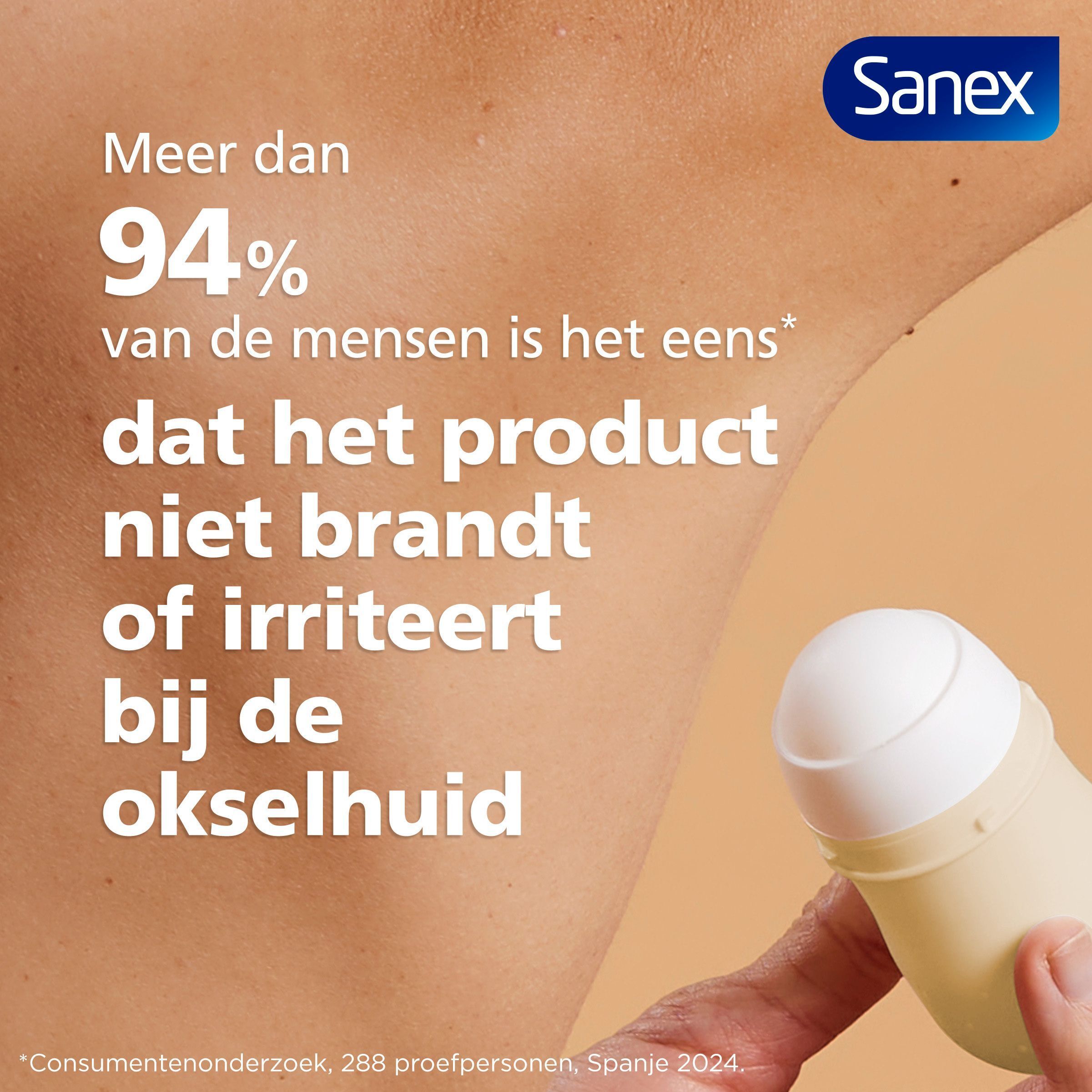 Arm en roller. Tekst: Meer dan 94% van de mensen is het eens dat het product niet brandt. Sanex logo.